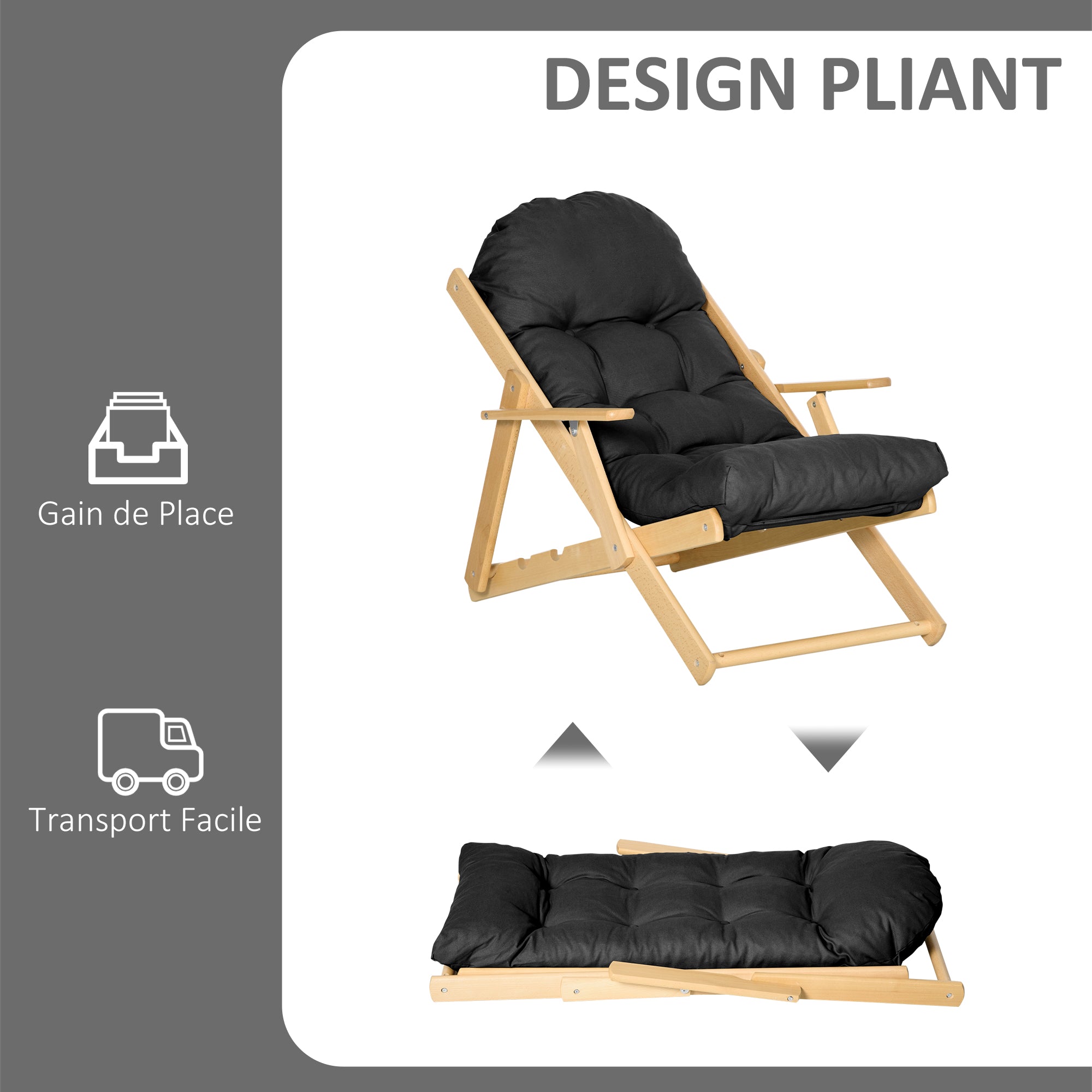 Foldable and Reclining Wooden Lounge Chair with Thick Padded Tufted Cushion - 71 x 89 x 96 cm Black