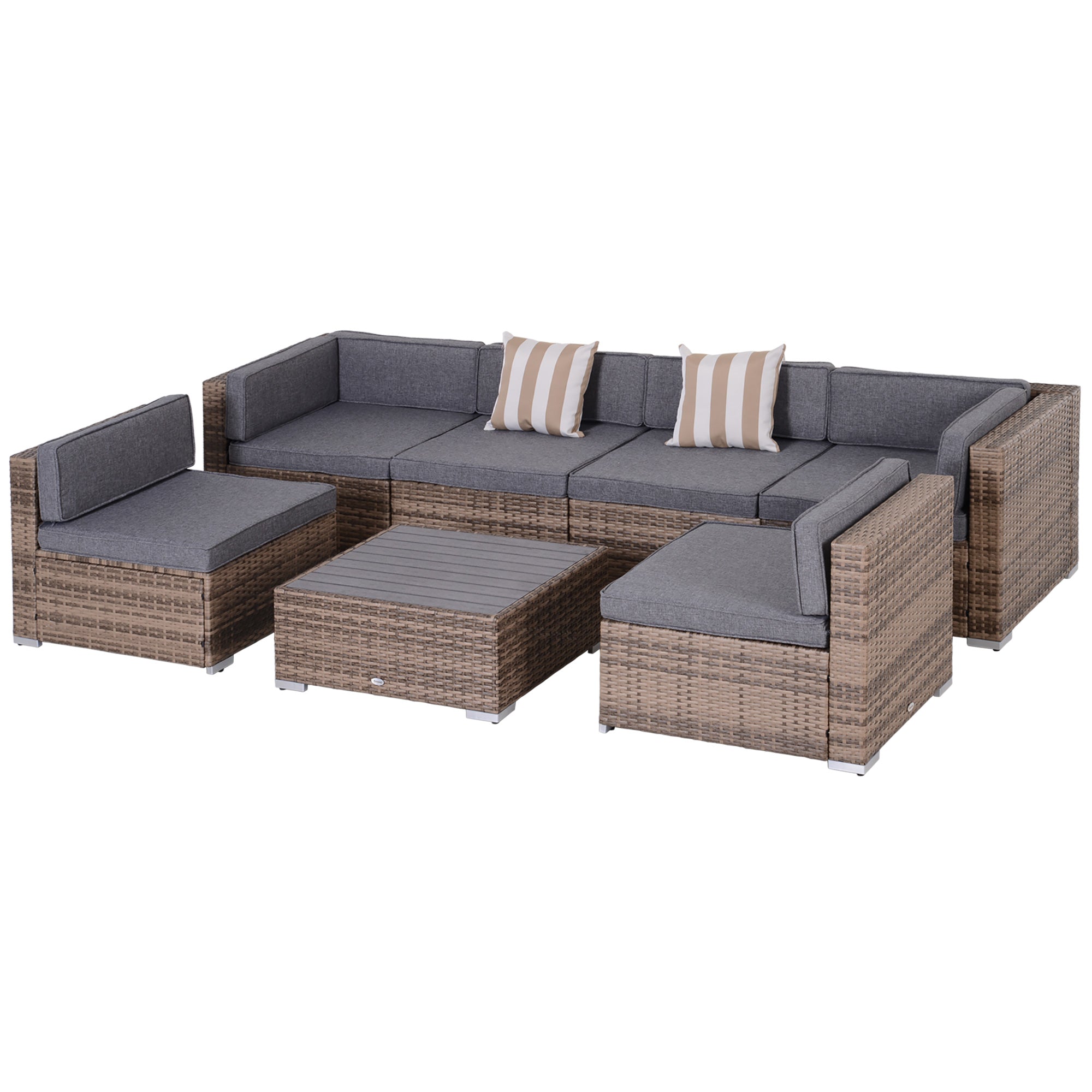 7-Piece Outdoor Rattan Garden Lounge Set with Coffee Table and Modular Sofa with Cushions, Gray