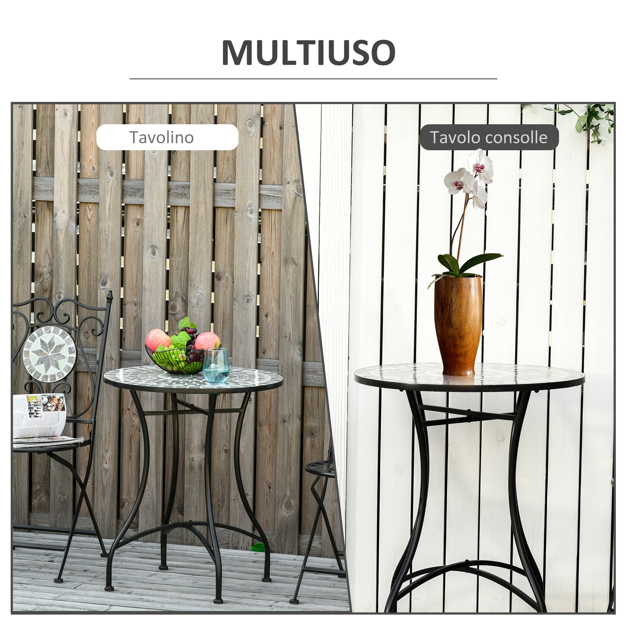 Small Metal and Ceramic Garden Table, Mosaic Outdoor Table for Terrace or Balcony, 60x71cm, Gray Black