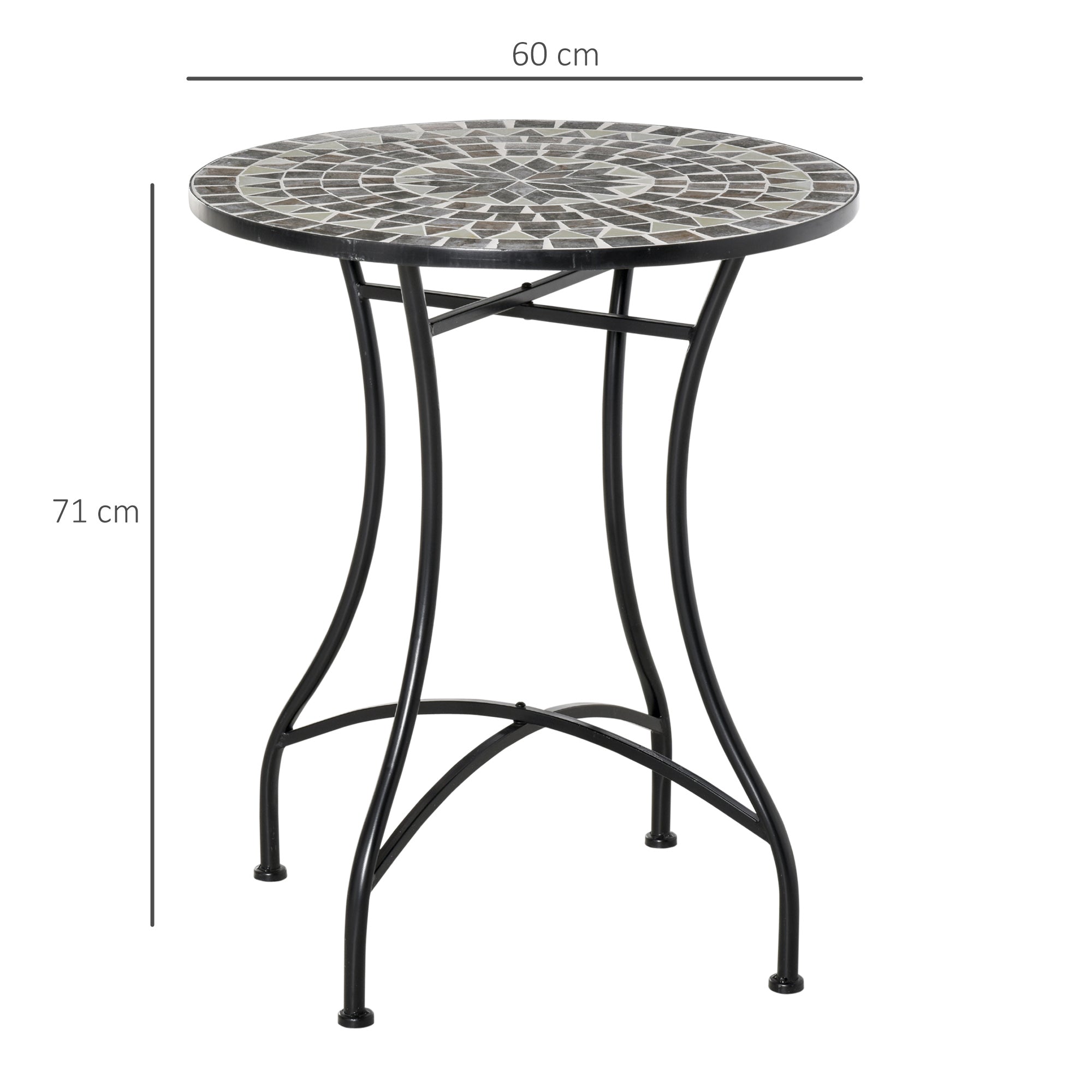 Small Metal and Ceramic Garden Table, Mosaic Outdoor Table for Terrace or Balcony, 60x71cm, Gray Black
