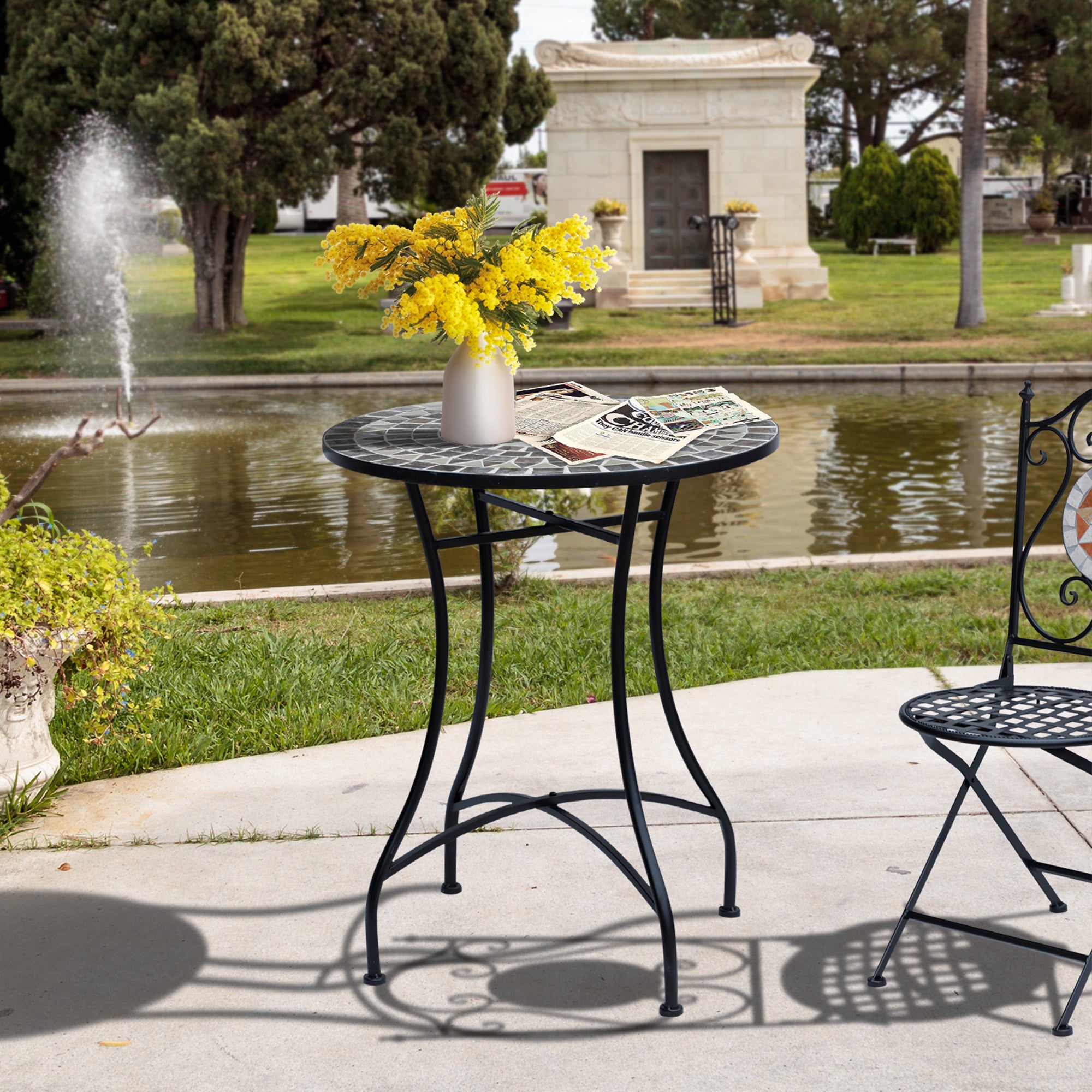 Small Metal and Ceramic Garden Table, Mosaic Outdoor Table for Terrace or Balcony, 60x71cm, Gray Black