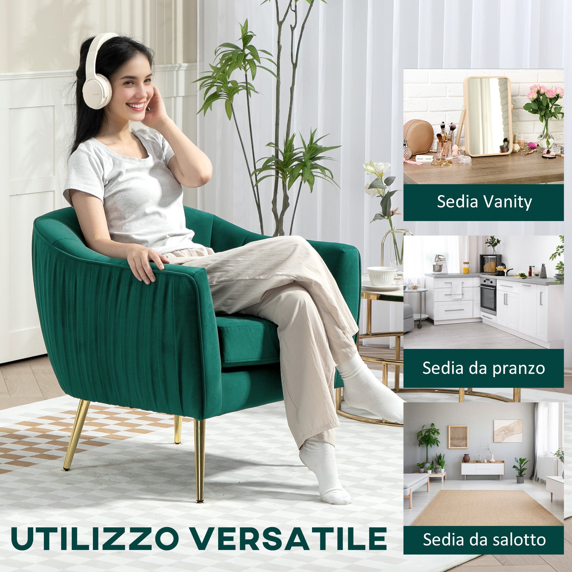 Upholstered Lounge Armchair with Armrests and Backrest, Modern Design, Metal Legs (71x72x73 cm) Green