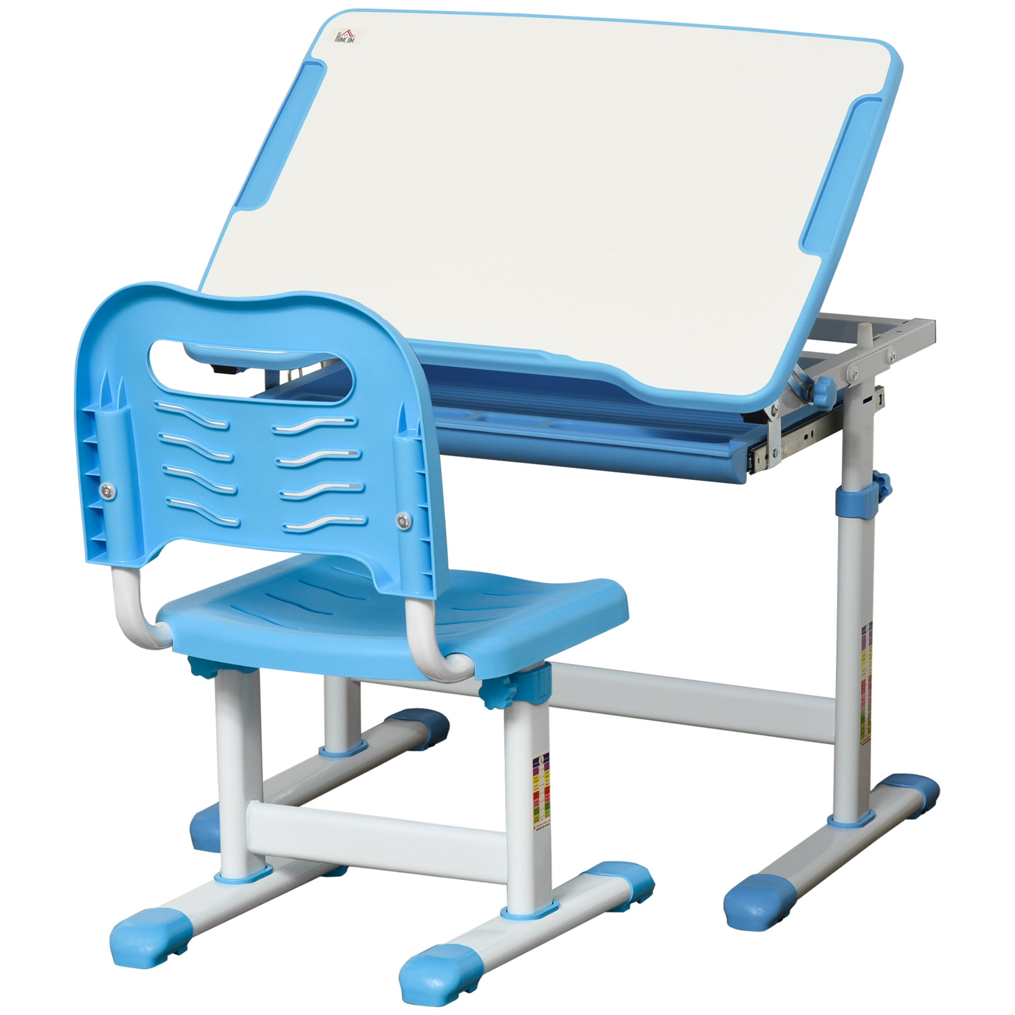 Kids Desk and Chair Set 2 in 1 Writing Table and Seat for Children 6+ Years with Adjustable Height Adjustable Tabletop and Sliding Tray 26x18.5x30.5 inches Blue