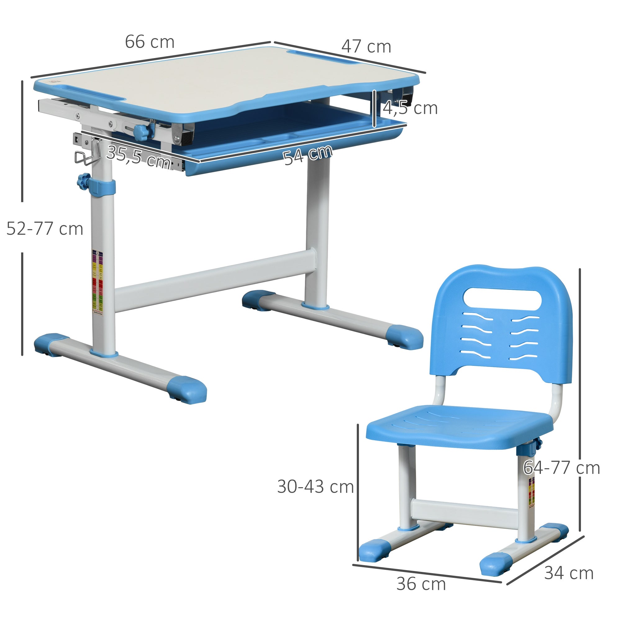 Kids Desk and Chair Set 2 in 1 Writing Table and Seat for Children 6+ Years with Adjustable Height Adjustable Tabletop and Sliding Tray 26x18.5x30.5 inches Blue