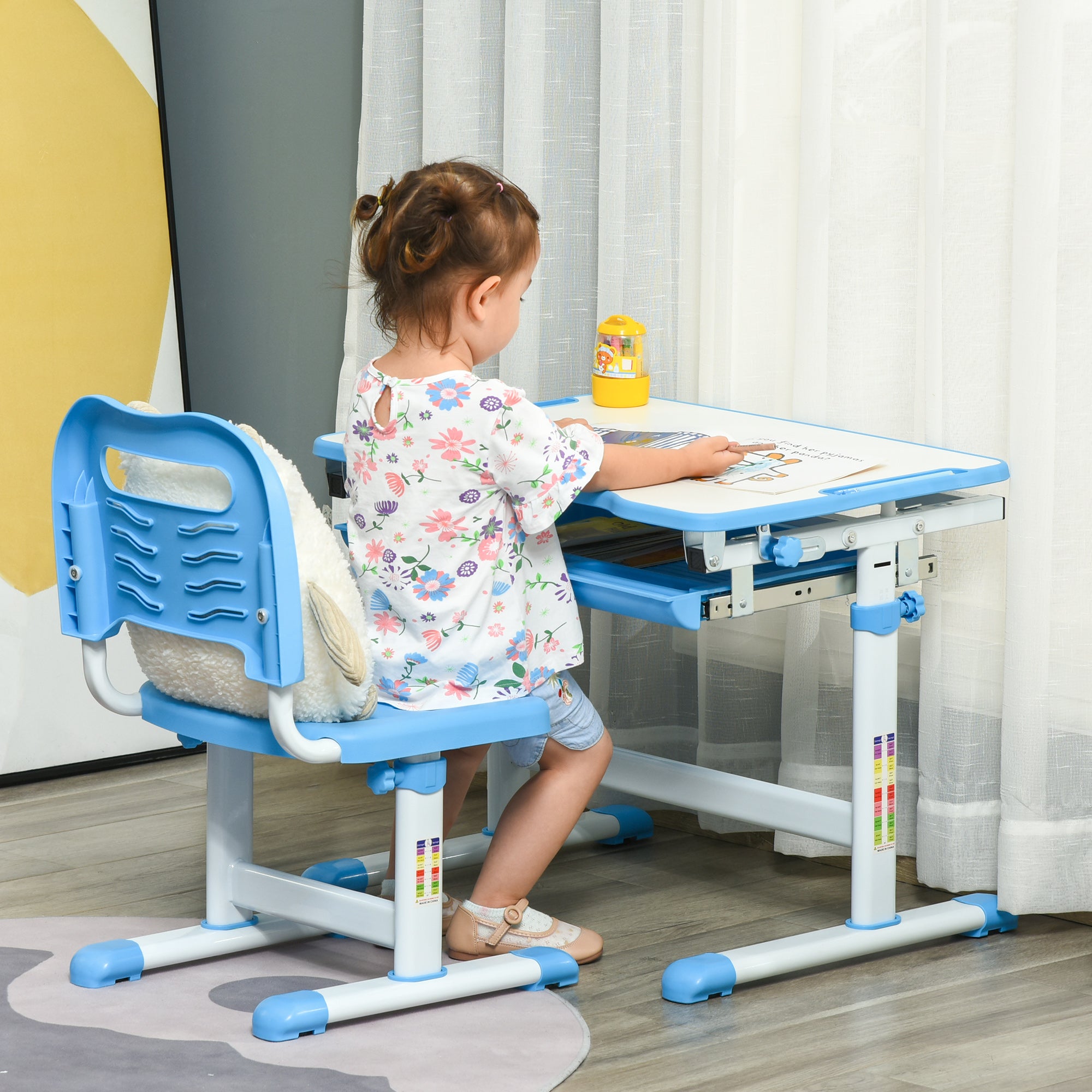 Kids Desk and Chair Set 2 in 1 Writing Table and Seat for Children 6+ Years with Adjustable Height Adjustable Tabletop and Sliding Tray 26x18.5x30.5 inches Blue
