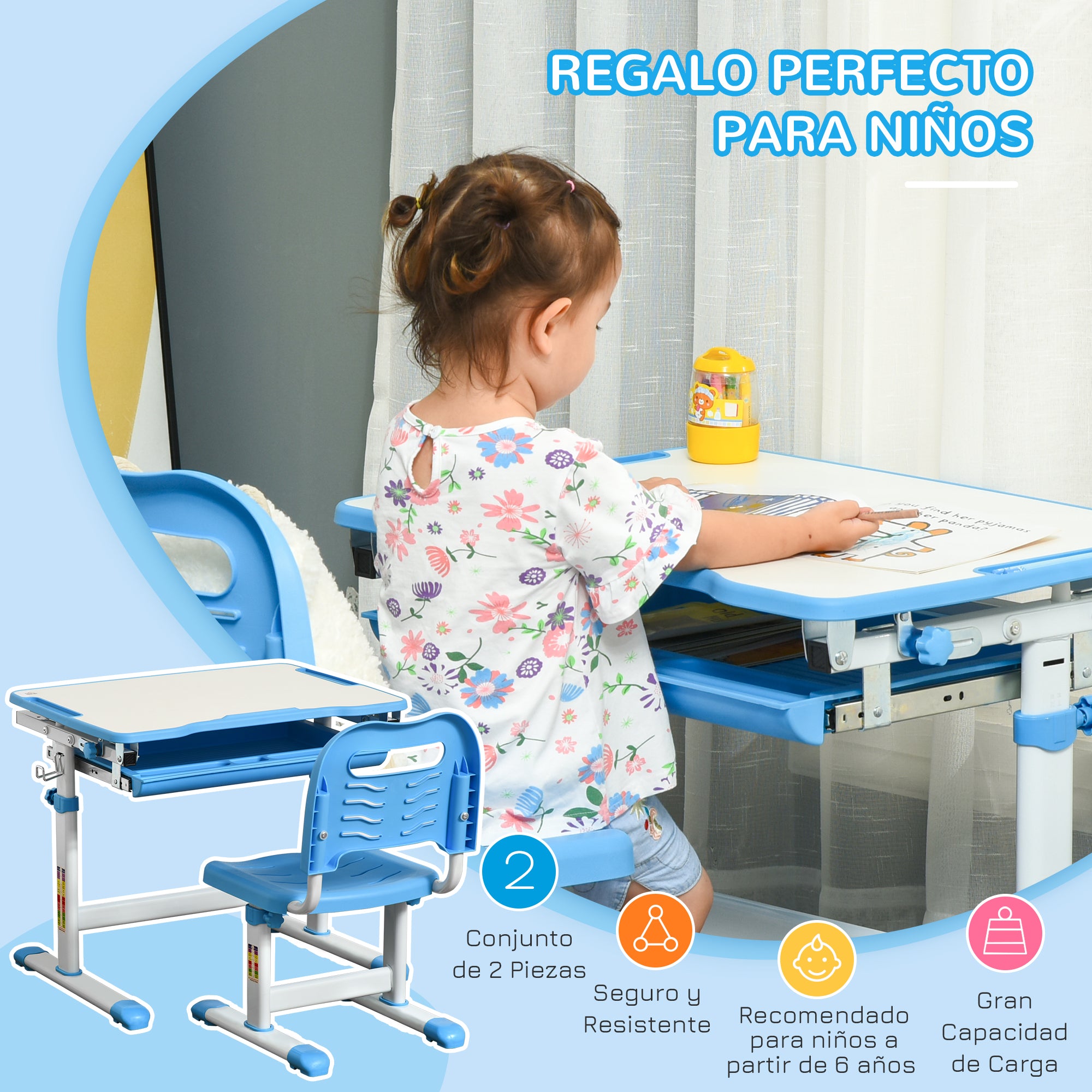 Kids Desk and Chair Set 2 in 1 Writing Table and Seat for Children 6+ Years with Adjustable Height Adjustable Tabletop and Sliding Tray 26x18.5x30.5 inches Blue
