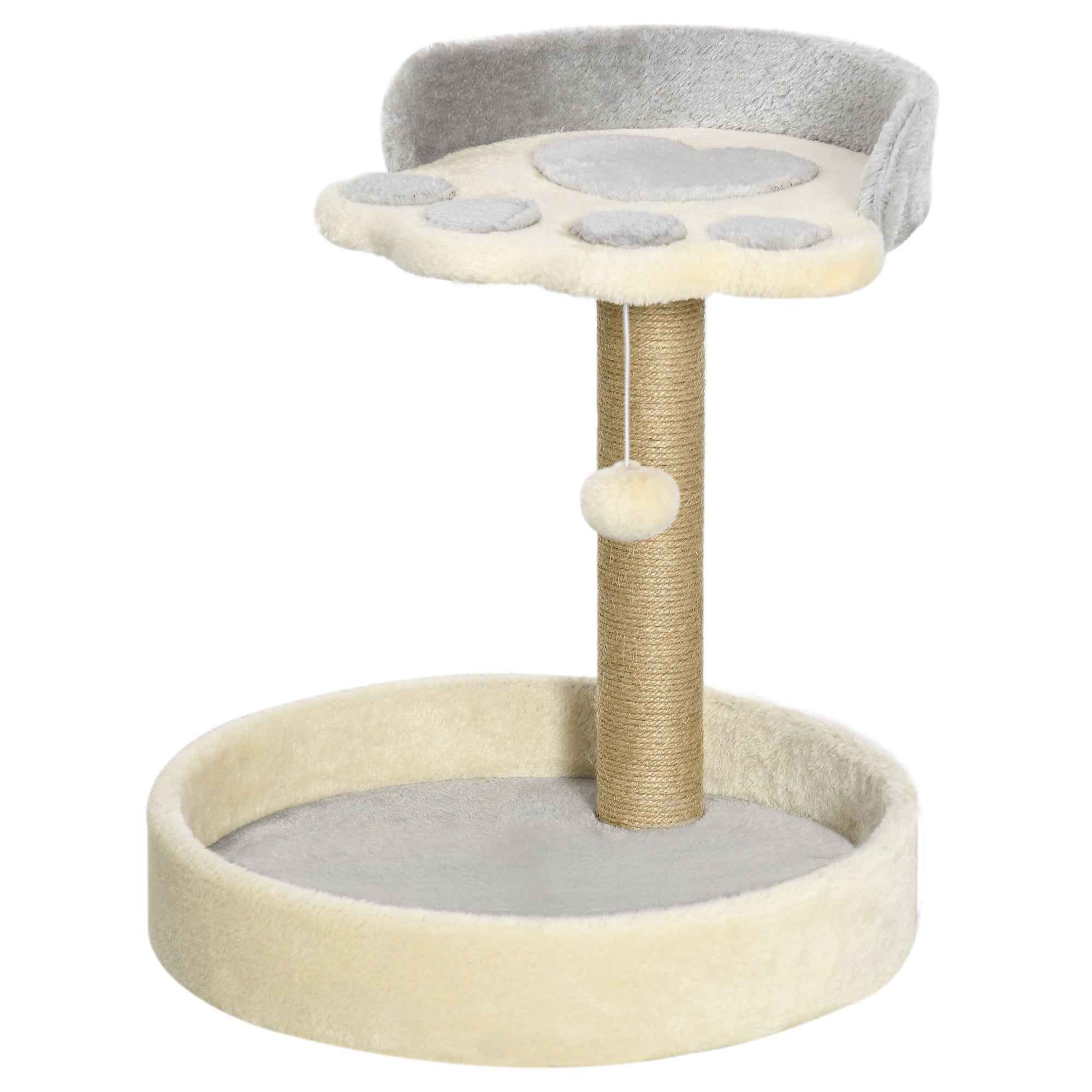 Cat Scratching Post Tree in the Shape of a Paw with 2 Platforms and a Hanging Plush Pompon - Gray