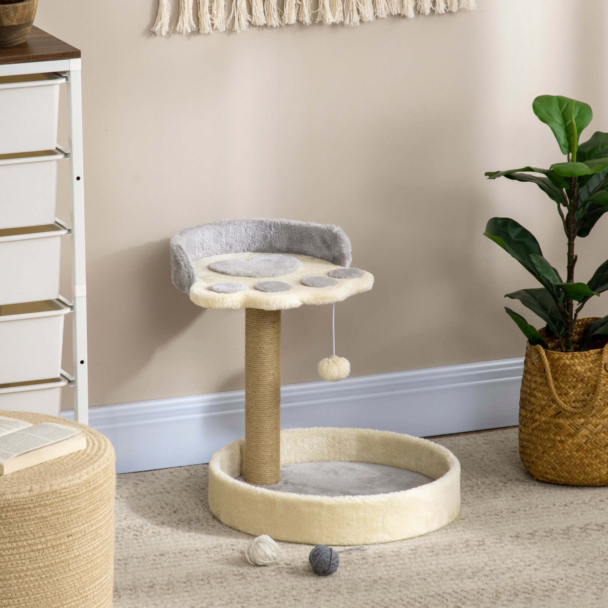 Cat Scratching Post Tree in the Shape of a Paw with 2 Platforms and a Hanging Plush Pompon - Gray