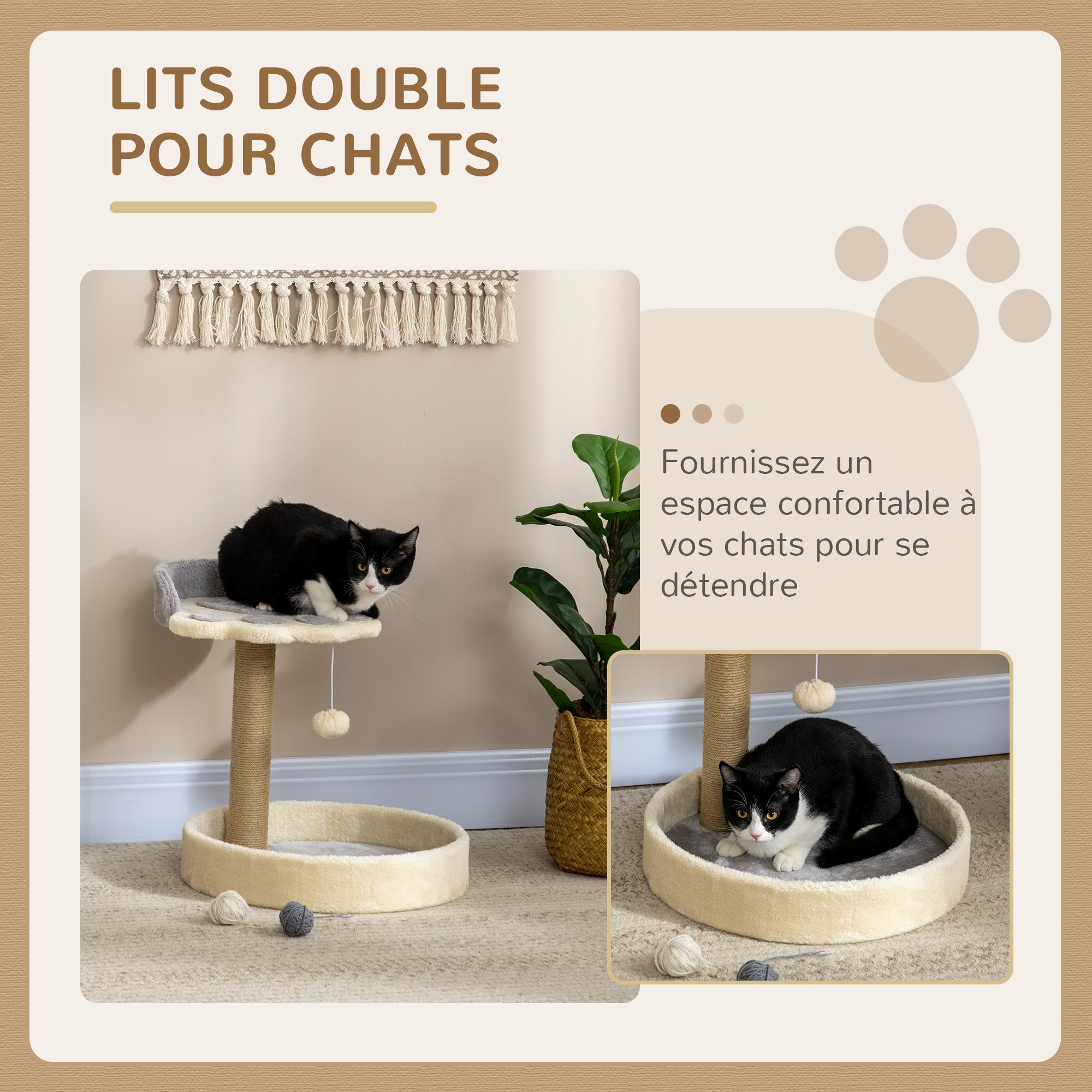 Cat Scratching Post Tree in the Shape of a Paw with 2 Platforms and a Hanging Plush Pompon - Gray