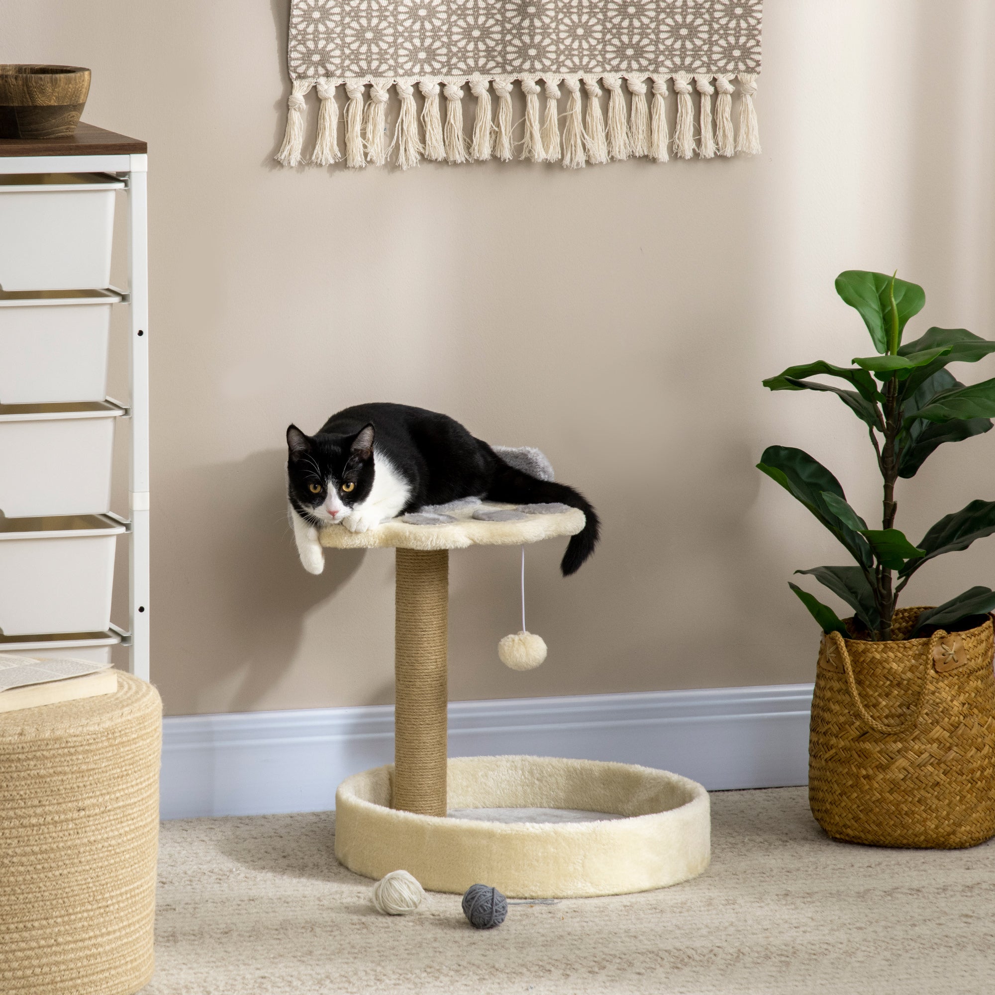 Cat Scratching Post Tree in the Shape of a Paw with 2 Platforms and a Hanging Plush Pompon - Gray