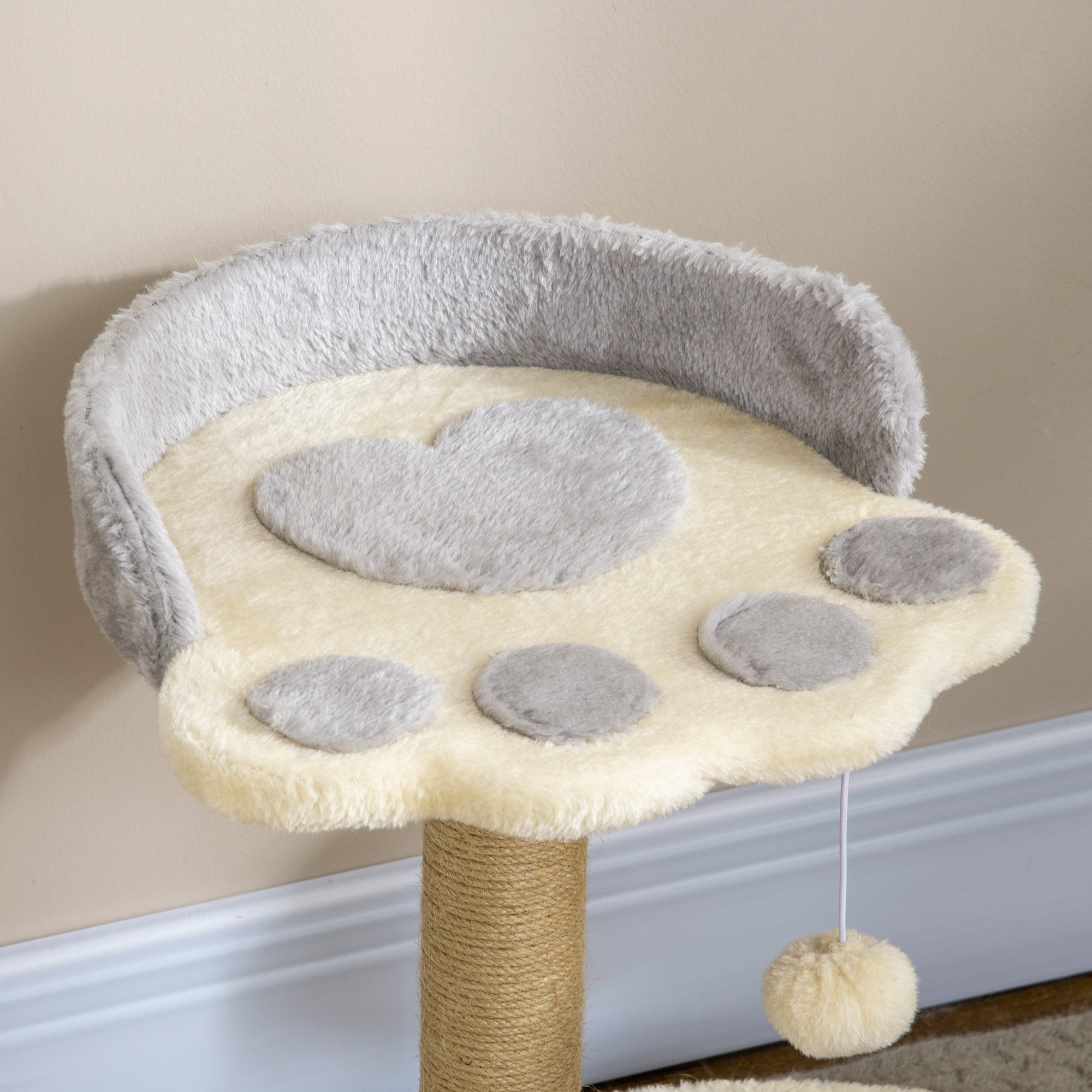 Cat Scratching Post Tree in the Shape of a Paw with 2 Platforms and a Hanging Plush Pompon - Gray