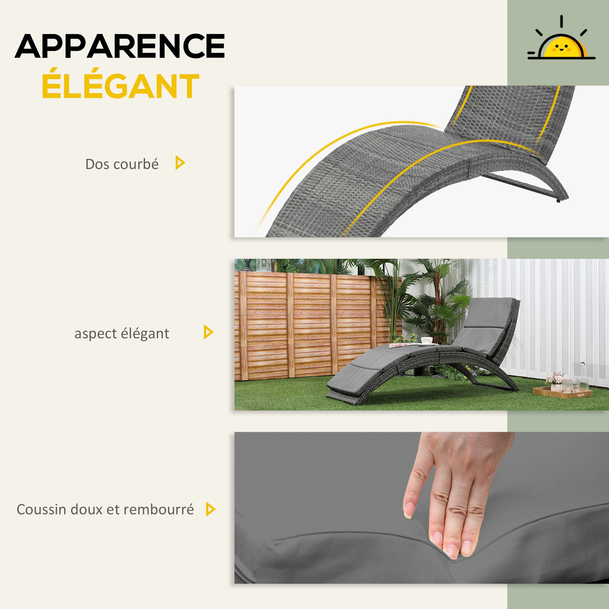 Folding Sun Lounger with Comfortable Mattress for Outdoor Use, Metal and Resin Wicker - Gray