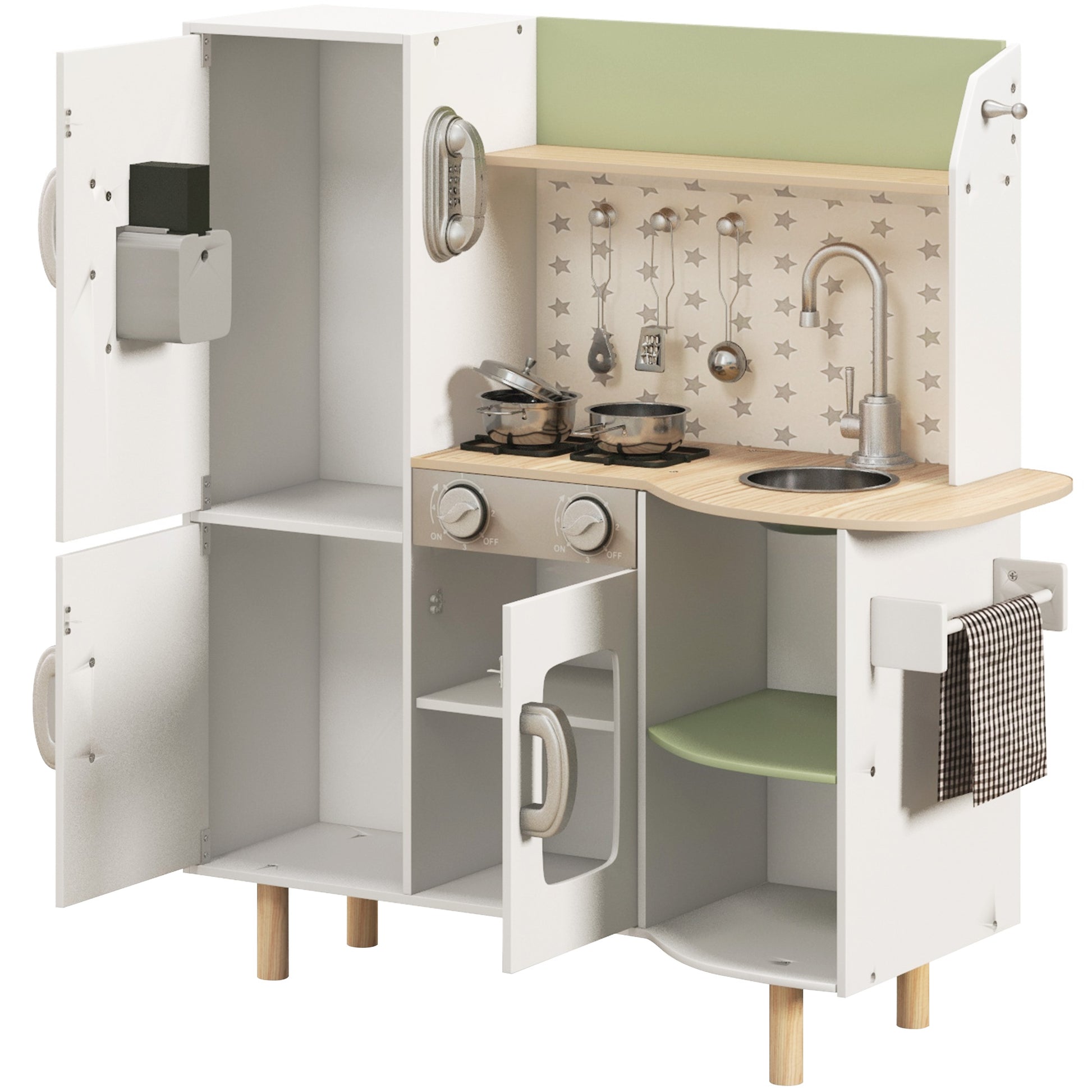 Wooden Toy Kitchen for Children 3-6 Years Old Play Kitchen with Ice Maker Stainless Steel Sink, Mobile Cup, and Utensils 84x34x89 cm White