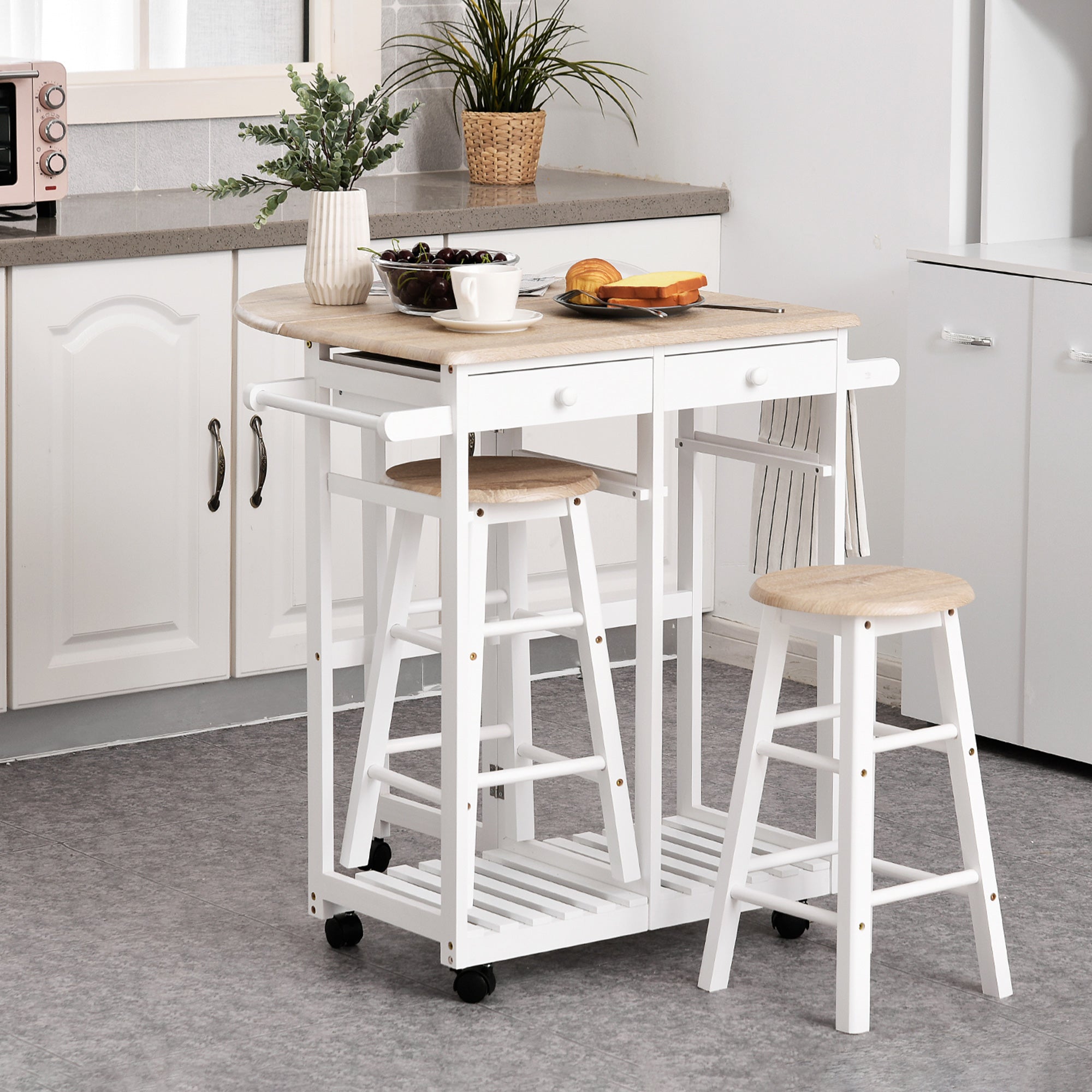 Folding Bar Table Set on Wheels with Shelf and 2 Drawers + 2 Stools Pine Wood MDF White Light Oak