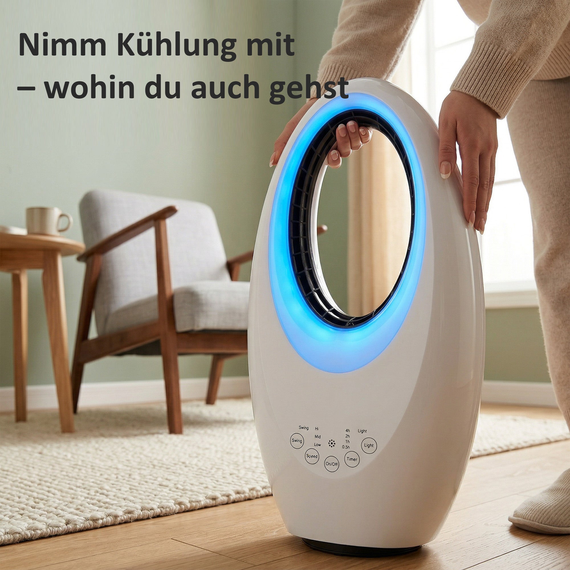 Bladeless Tower Fan for Bedroom, 36 dB Quiet, 60° Oscillation, LED Lighting, 3 Speeds, 7.5-Hour Timer, Remote Control, White