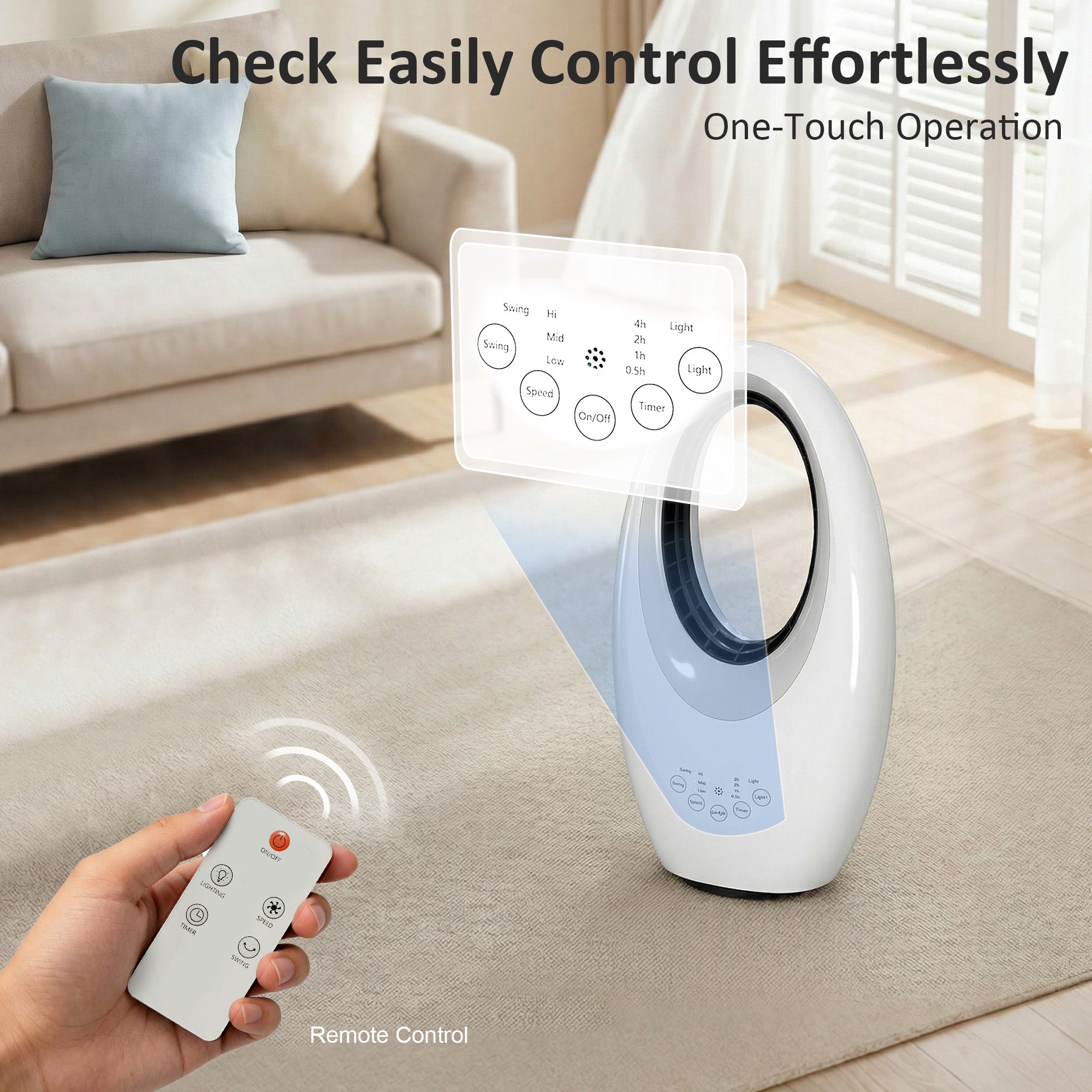 Bladeless Tower Fan for Bedroom, 36 dB Quiet, 60° Oscillation, LED Lighting, 3 Speeds, 7.5-Hour Timer, Remote Control, White