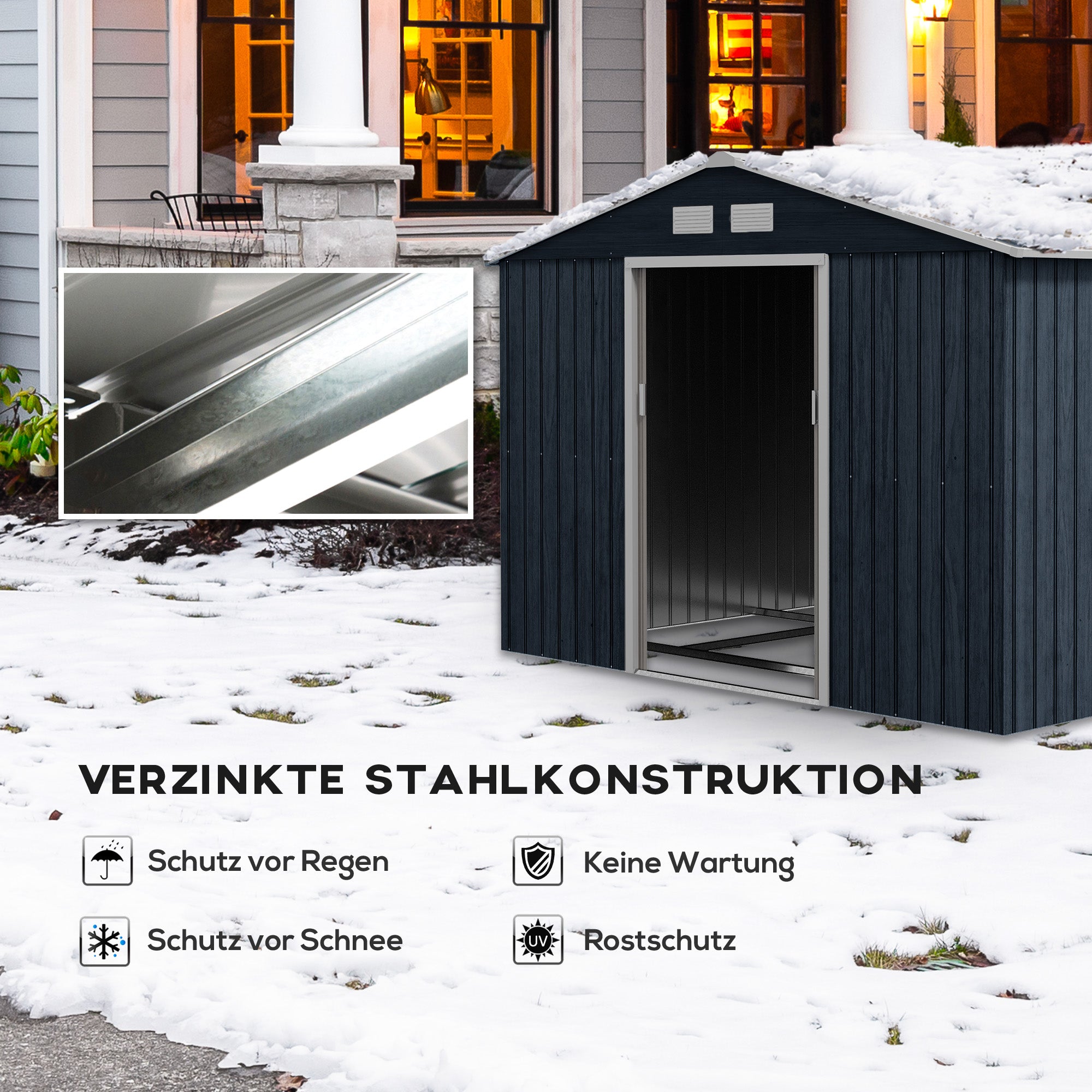 Toolhouse 4.9 m², Garden House with Gable Roof, Sliding Door, Foundation, 277 x 195 x 192 cm, Toolshed Made of Galvanized Steel, Weatherproof, for Garden, Dark Gray