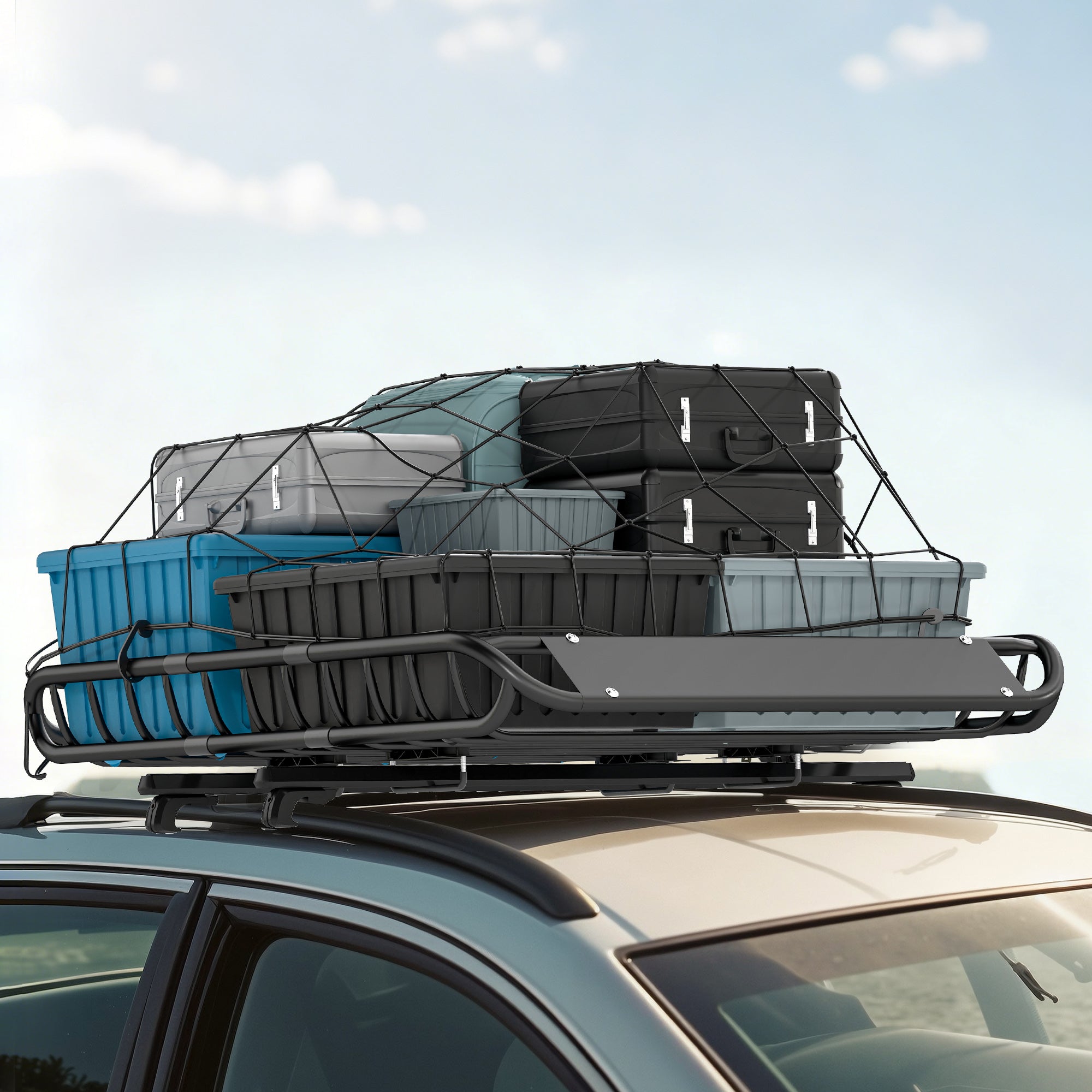 SPORTNOW Universal Roof Cargo Basket with Wind Deflector — Steel, Rust-Resistant, 150 kg Capacity, 116 x 92 x 11.5 cm (45.7 x 36.2 x 4.5 in) — Black
