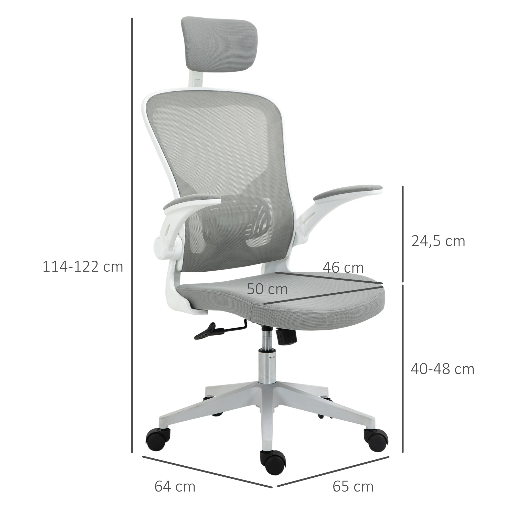 Office Chair Ergonomic Desk Chair with Rocking Function High Back Lumbar Support Headrest Foldable Arms Home Office Gray 65 x 64 x 114-122 cm
