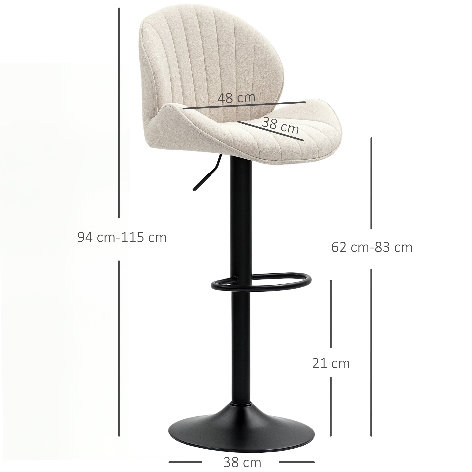 Set of 2 Bar Stools, Swivel Bar Chairs, Seashell Shape, High Kitchen Chair with Backrest, Adjustable Height and Footrest, Steel Frame, Beige