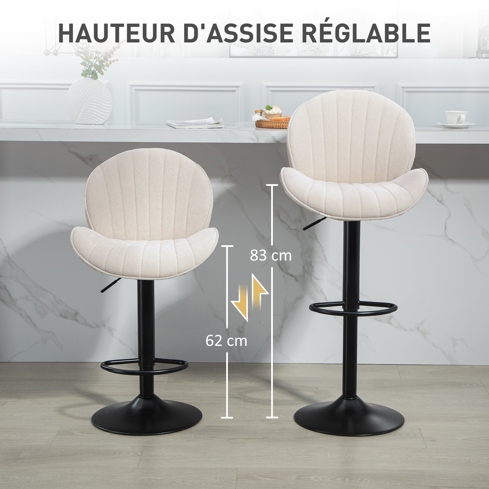 Set of 2 Bar Stools, Swivel Bar Chairs, Seashell Shape, High Kitchen Chair with Backrest, Adjustable Height and Footrest, Steel Frame, Beige