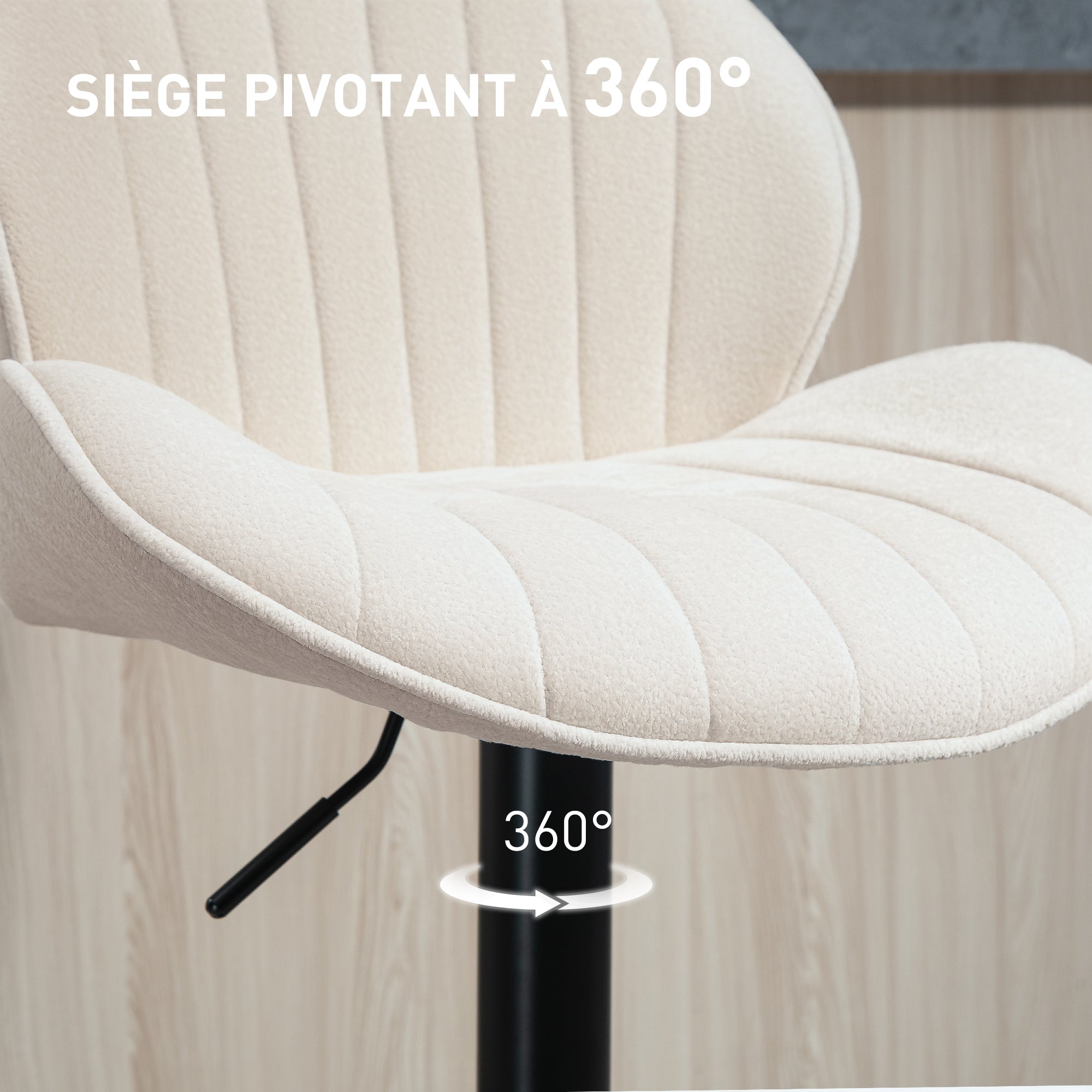 Set of 2 Bar Stools, Swivel Bar Chairs, Seashell Shape, High Kitchen Chair with Backrest, Adjustable Height and Footrest, Steel Frame, Beige