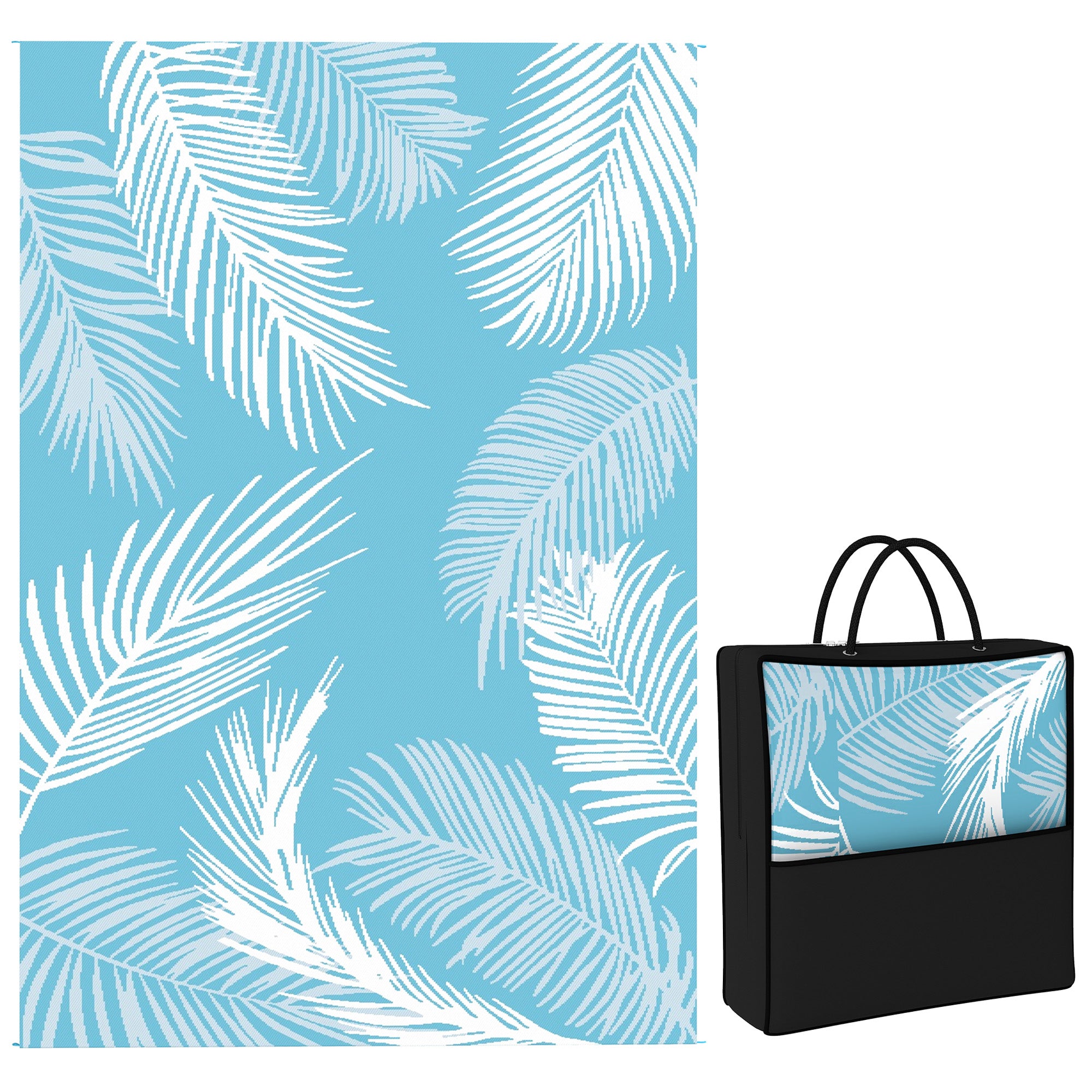 Reversible Durable Weatherproof Outdoor Rug with Carry Bag & Ground Anchors for Balcony, Garden, Patio, Bathroom, Hallway, Kitchen — 9' x 6' (274 x 182 cm), Light Blue & White