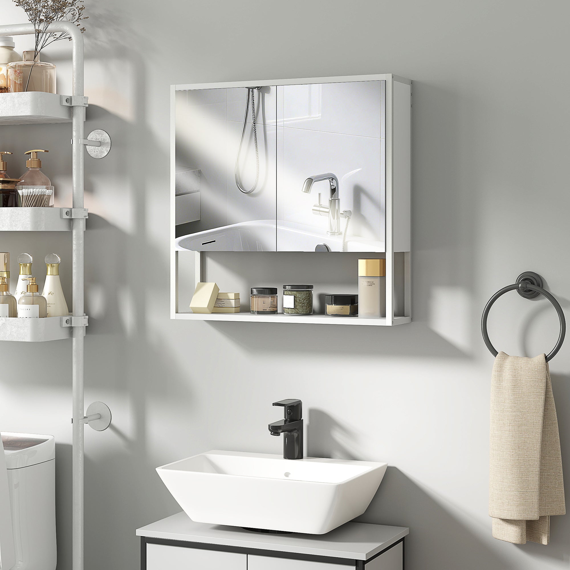Mirrored Wall Bathroom Cabinet, 60 x 16 x 60 cm (23.6 x 6.3 x 23.6 in) — 2 Mirrored Doors, Adjustable Interior Shelf & Open Shelf, White