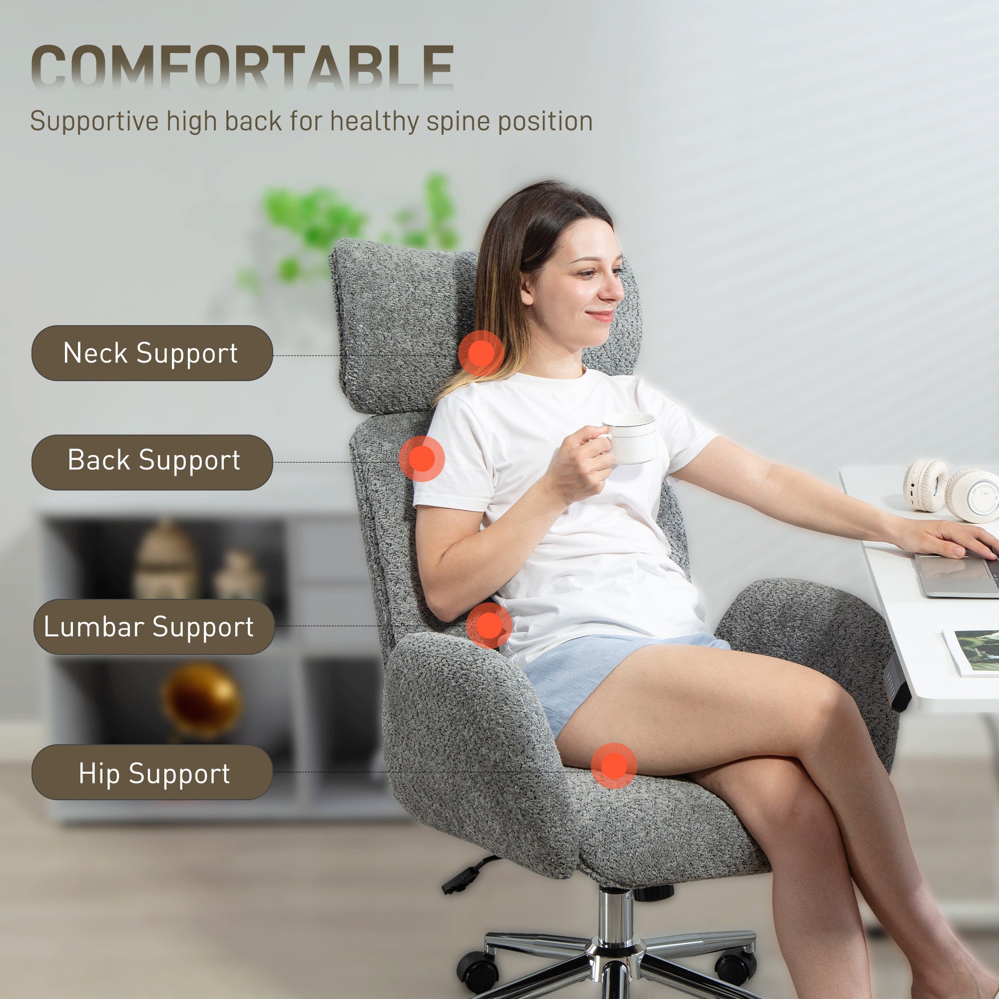 Bouclé Office Chair with Armrests — Adjustable Headrest, Height-Adjustable Swivel with Tilt, Dark Gray