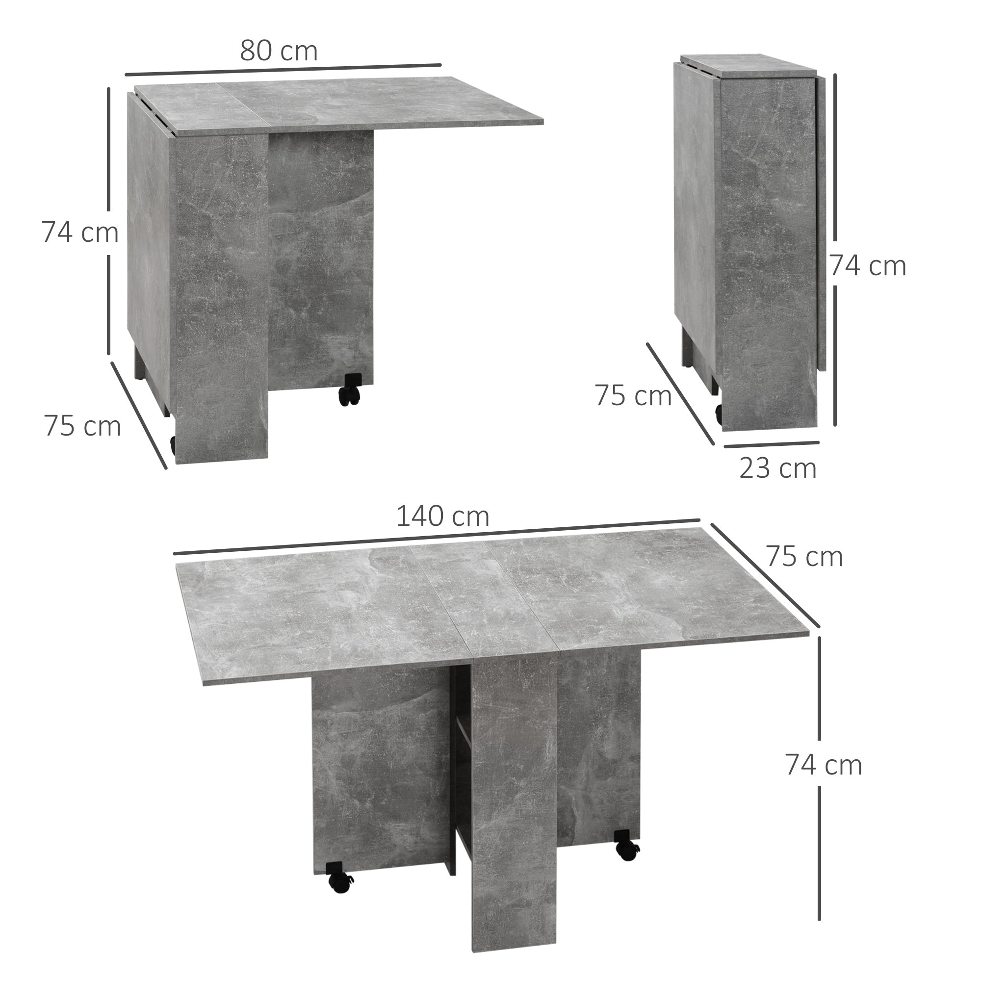 Folding Dining Table Kitchen Table with Wheels Folding Wings and Shelves for 4-6 People 75x140x74 cm Gray Cement
