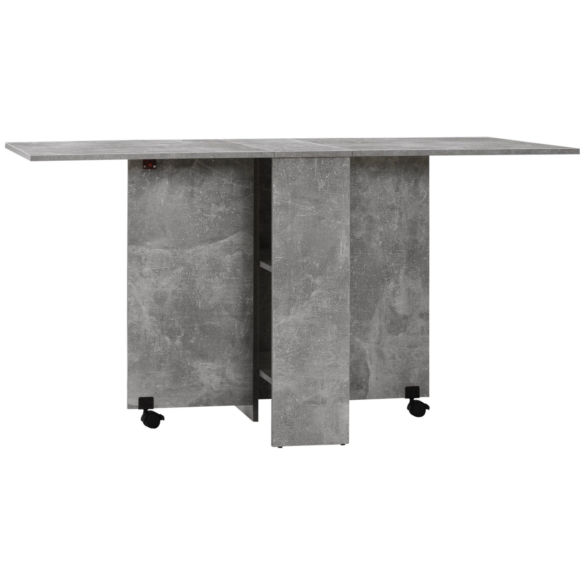 Folding Dining Table Kitchen Table with Wheels Folding Wings and Shelves for 4-6 People 75x140x74 cm Gray Cement