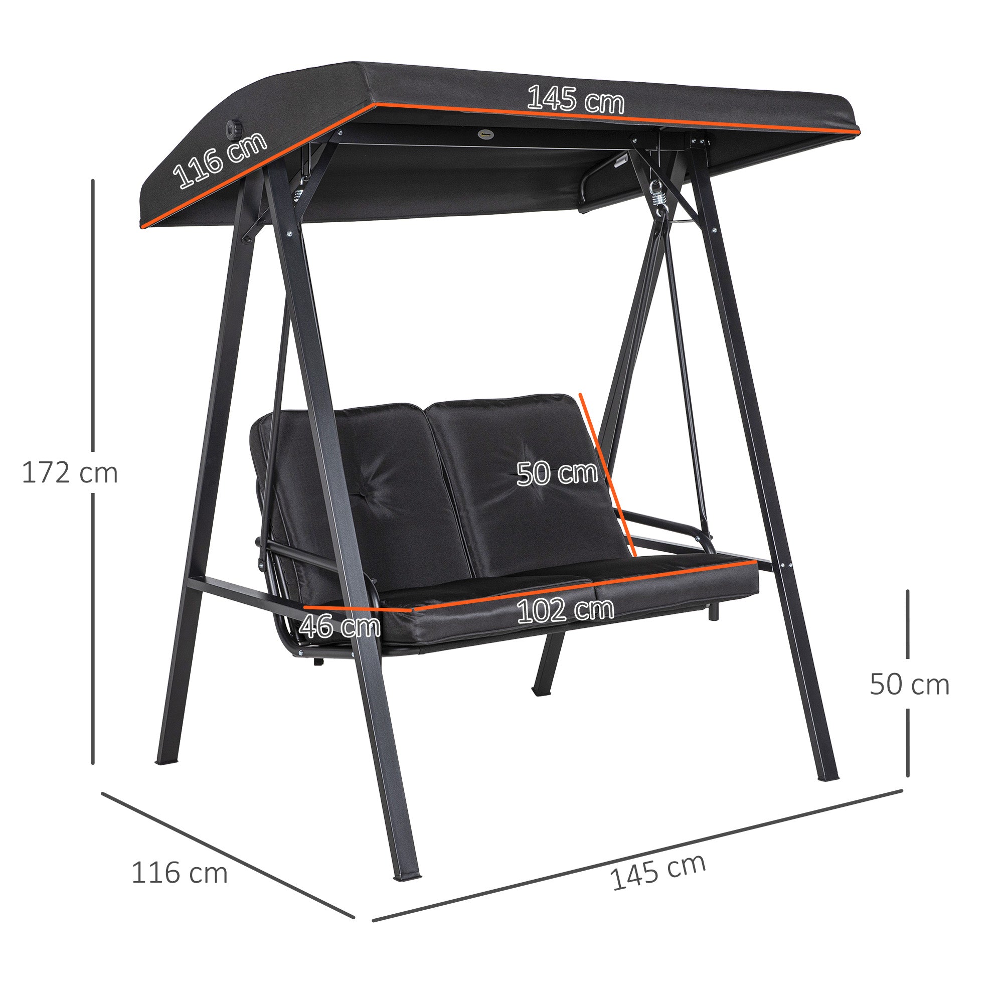 Hollywood Swing 2-Seater Garden Swing with Adjustable Canopy, Cushions, Swing Bench up to 220 kg Capacity, for Garden, Balcony, Black, 145 x 116 x 172 cm