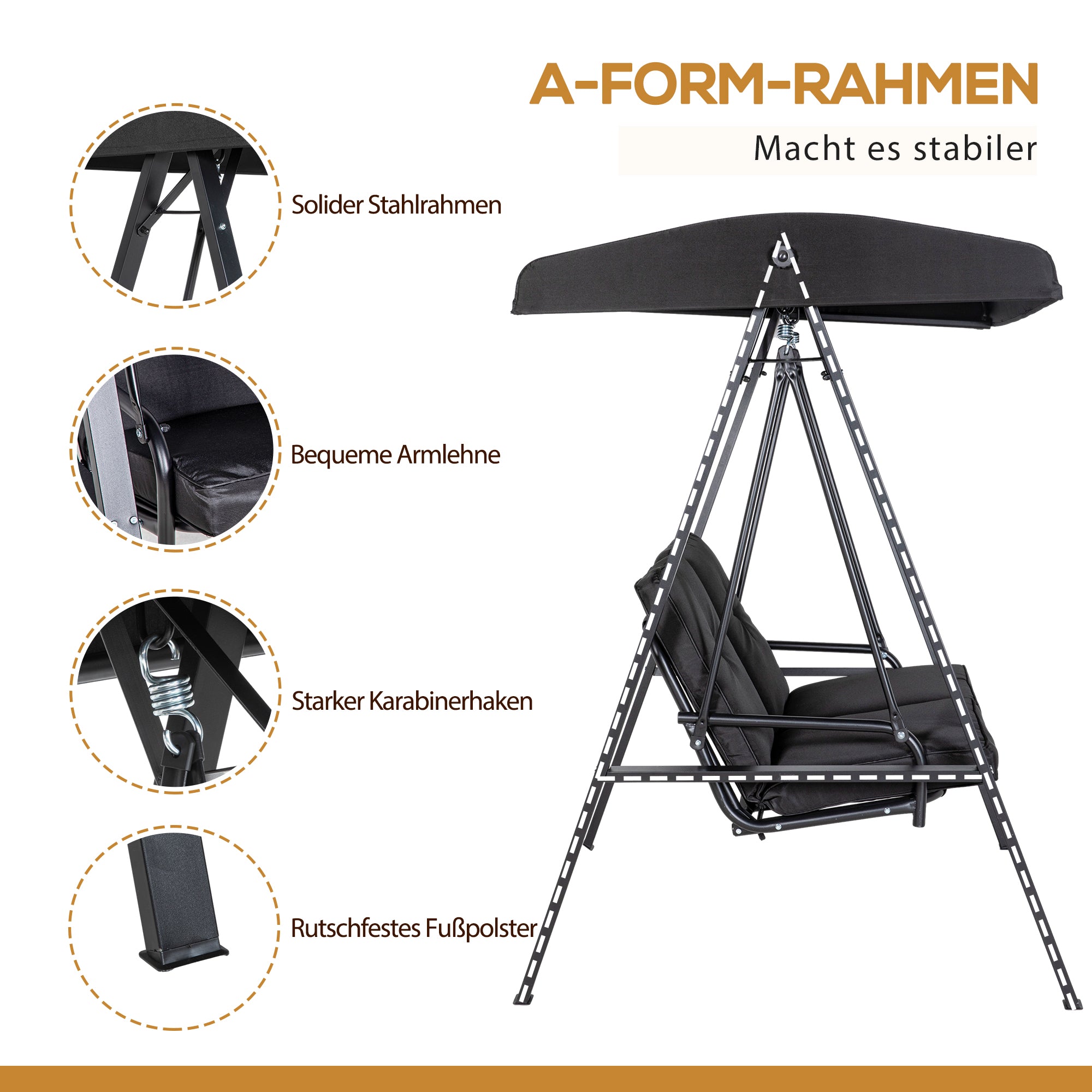 Hollywood Swing 2-Seater Garden Swing with Adjustable Canopy, Cushions, Swing Bench up to 220 kg Capacity, for Garden, Balcony, Black, 145 x 116 x 172 cm
