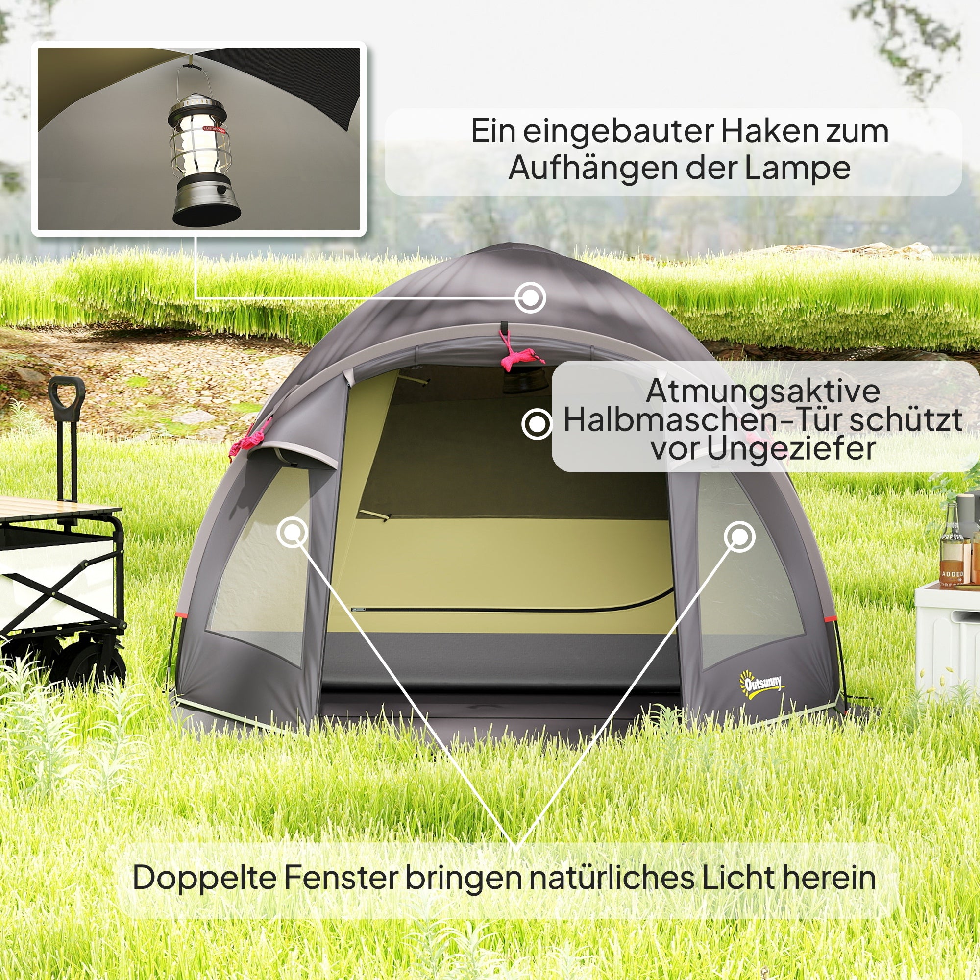 Camping Tent for 4 Persons Lightweight, Stable, Waterproof UV 50+ Tunnel Tent with Awning, Side Door & Window, Groundsheet Family Tent with 3000mm Water Column Camping Tent for Travel, Trekking, Garden