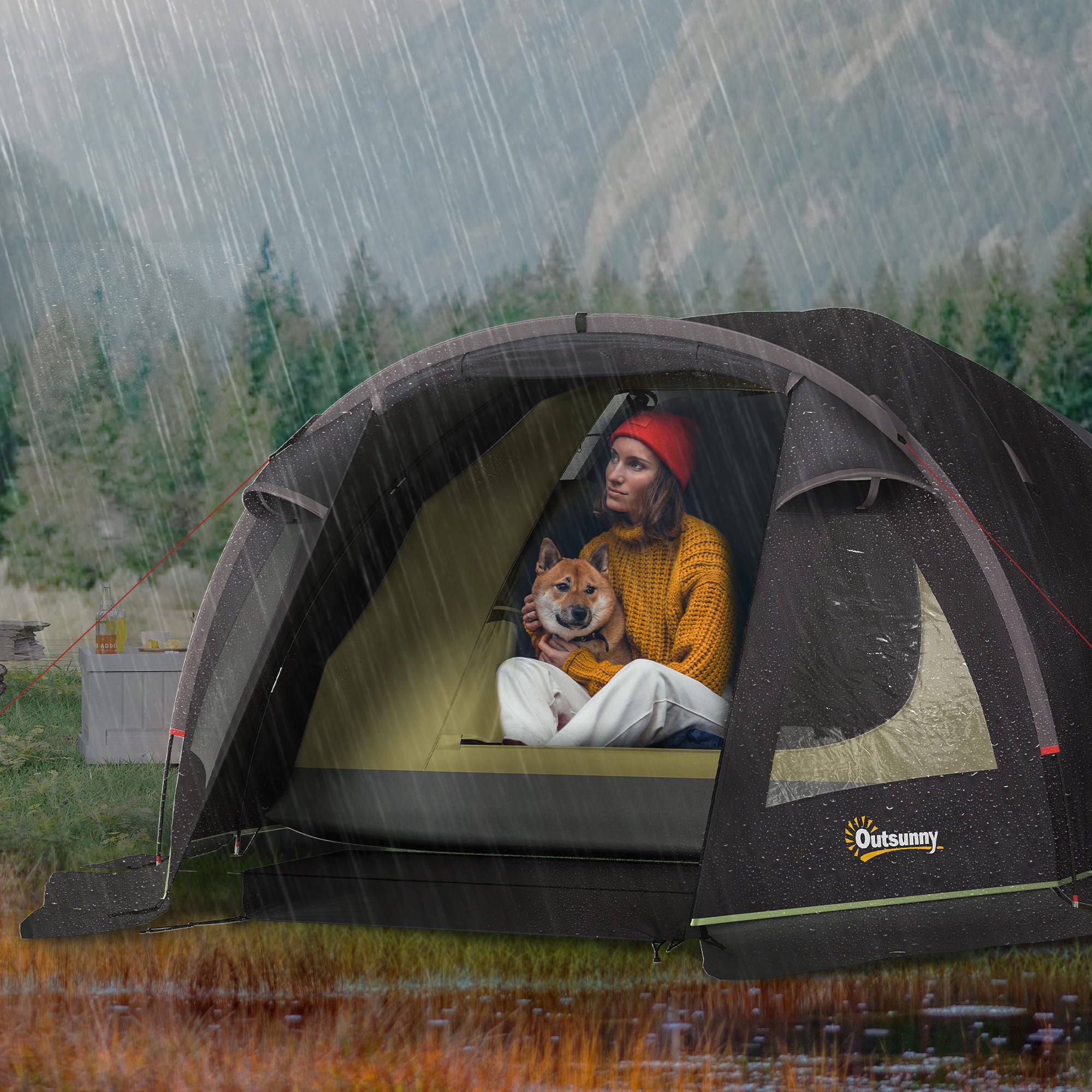 Camping Tent for 4 Persons Lightweight, Stable, Waterproof UV 50+ Tunnel Tent with Awning, Side Door & Window, Groundsheet Family Tent with 3000mm Water Column Camping Tent for Travel, Trekking, Garden