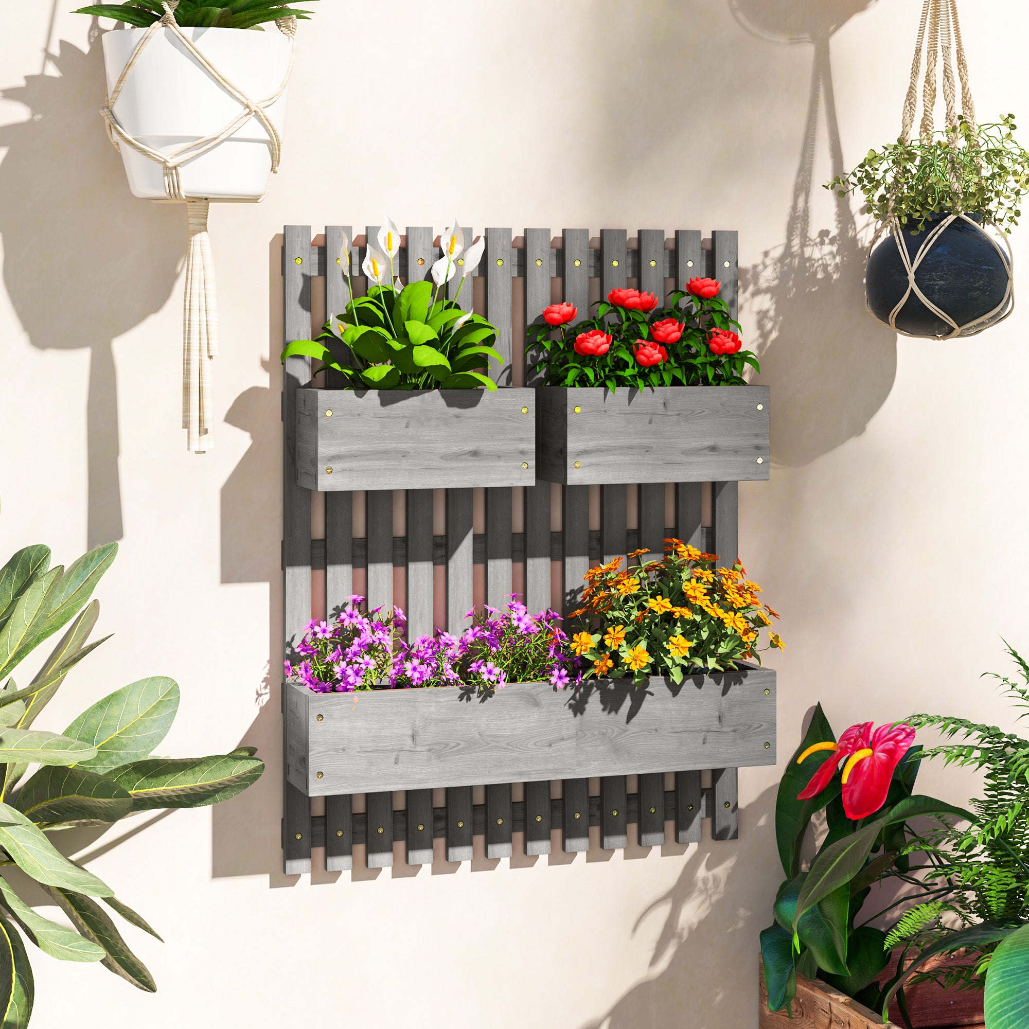 Wall-Mounted Vertical Planter — 3 Removable Fir Wood Boxes with Non-Woven Liners, 60 x 16 x 80 cm (Gray)