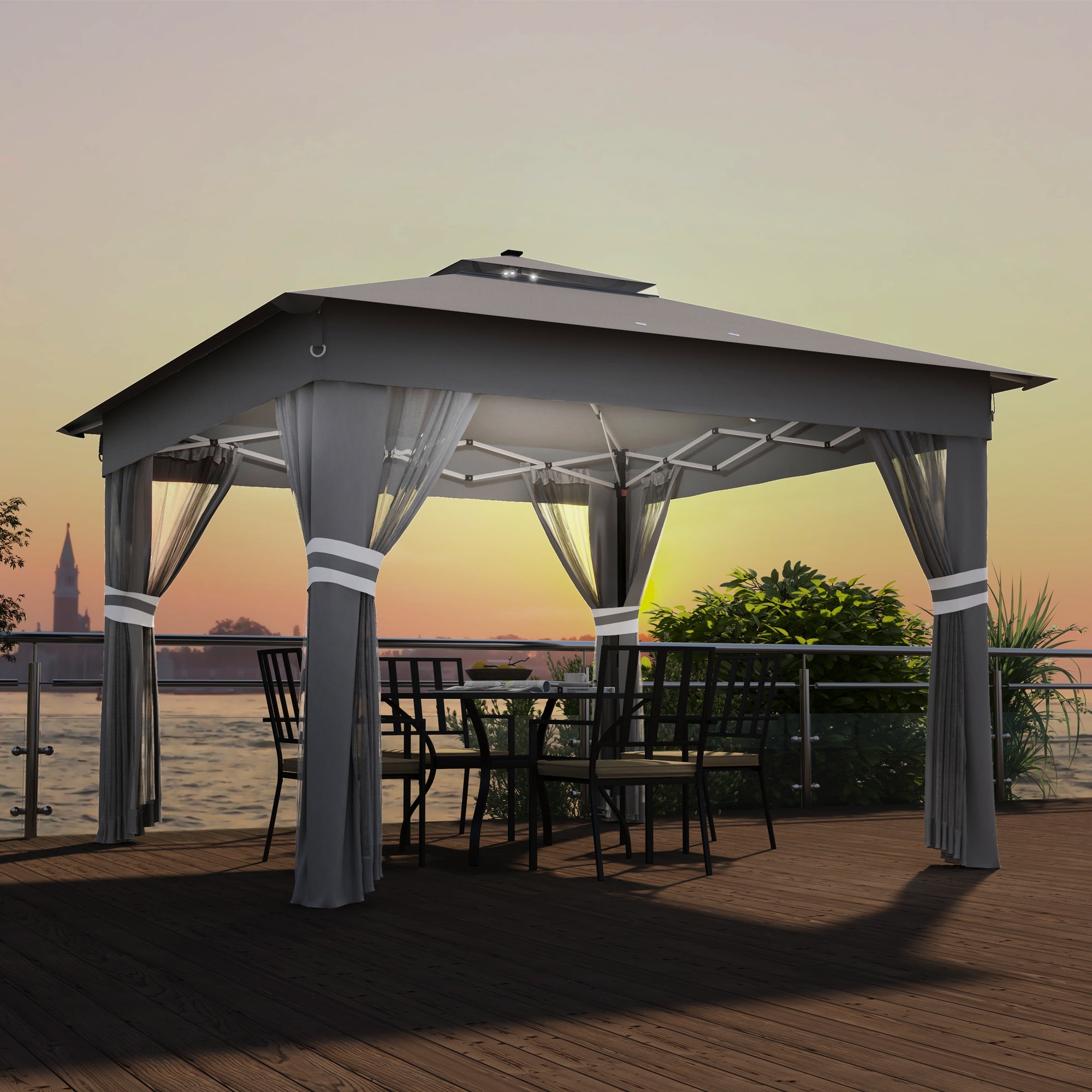 Folding Gazebo approx. 3 x 3 m, Gazebo with LED, 4 Net Curtains, Side Wall, Garden Gazebo with Water Bag, Double Roof, Carry Bag, for Balcony, Terrace, Dark Gray