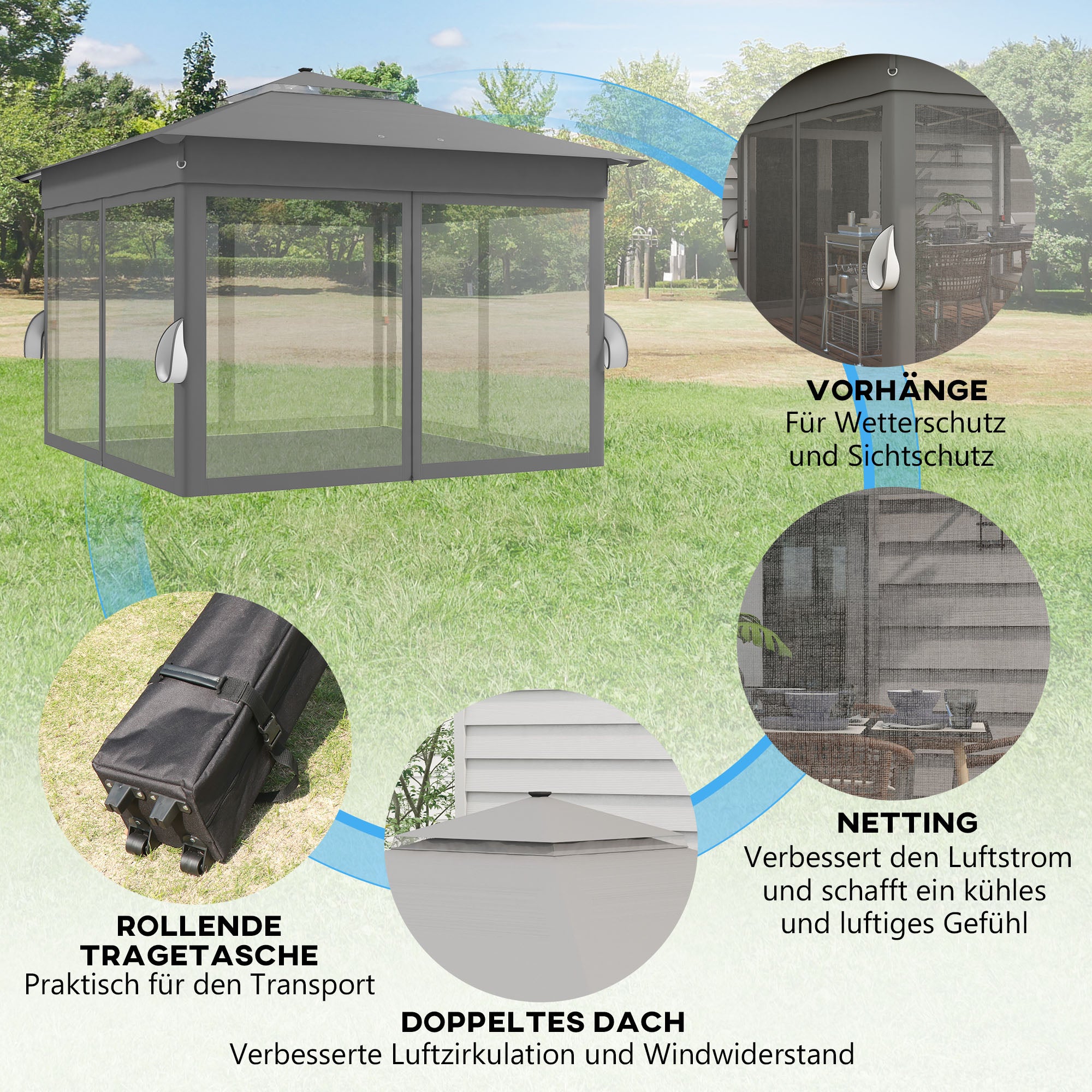 Folding Gazebo approx. 3 x 3 m, Gazebo with LED, 4 Net Curtains, Side Wall, Garden Gazebo with Water Bag, Double Roof, Carry Bag, for Balcony, Terrace, Dark Gray