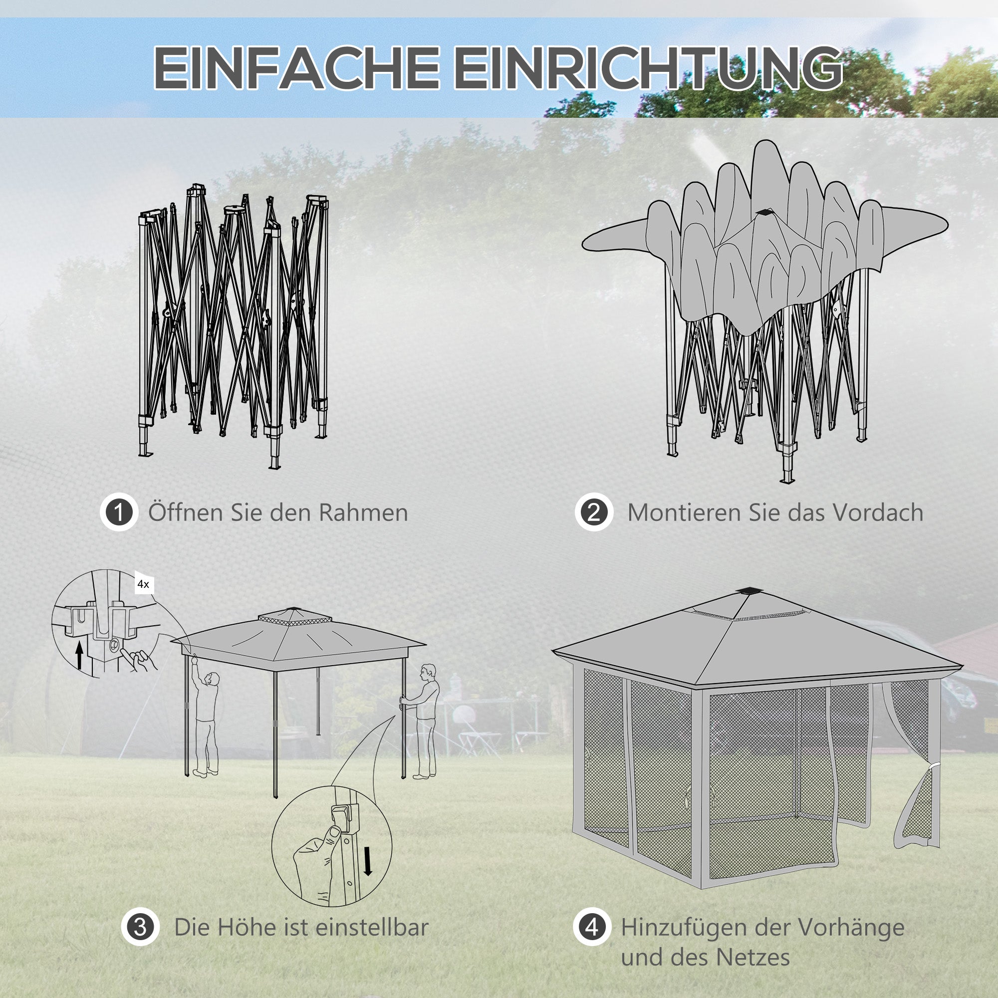 Folding Gazebo approx. 3 x 3 m, Gazebo with LED, 4 Net Curtains, Side Wall, Garden Gazebo with Water Bag, Double Roof, Carry Bag, for Balcony, Terrace, Dark Gray