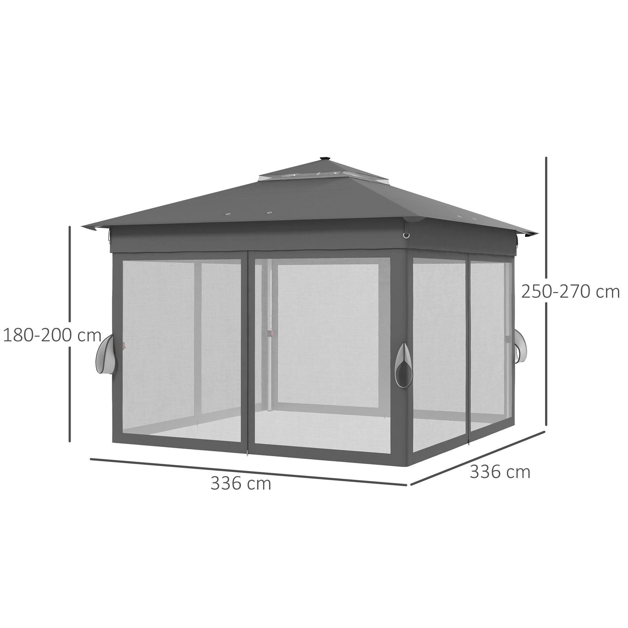 Folding Gazebo approx. 3 x 3 m, Gazebo with LED, 4 Net Curtains, Side Wall, Garden Gazebo with Water Bag, Double Roof, Carry Bag, for Balcony, Terrace, Dark Gray