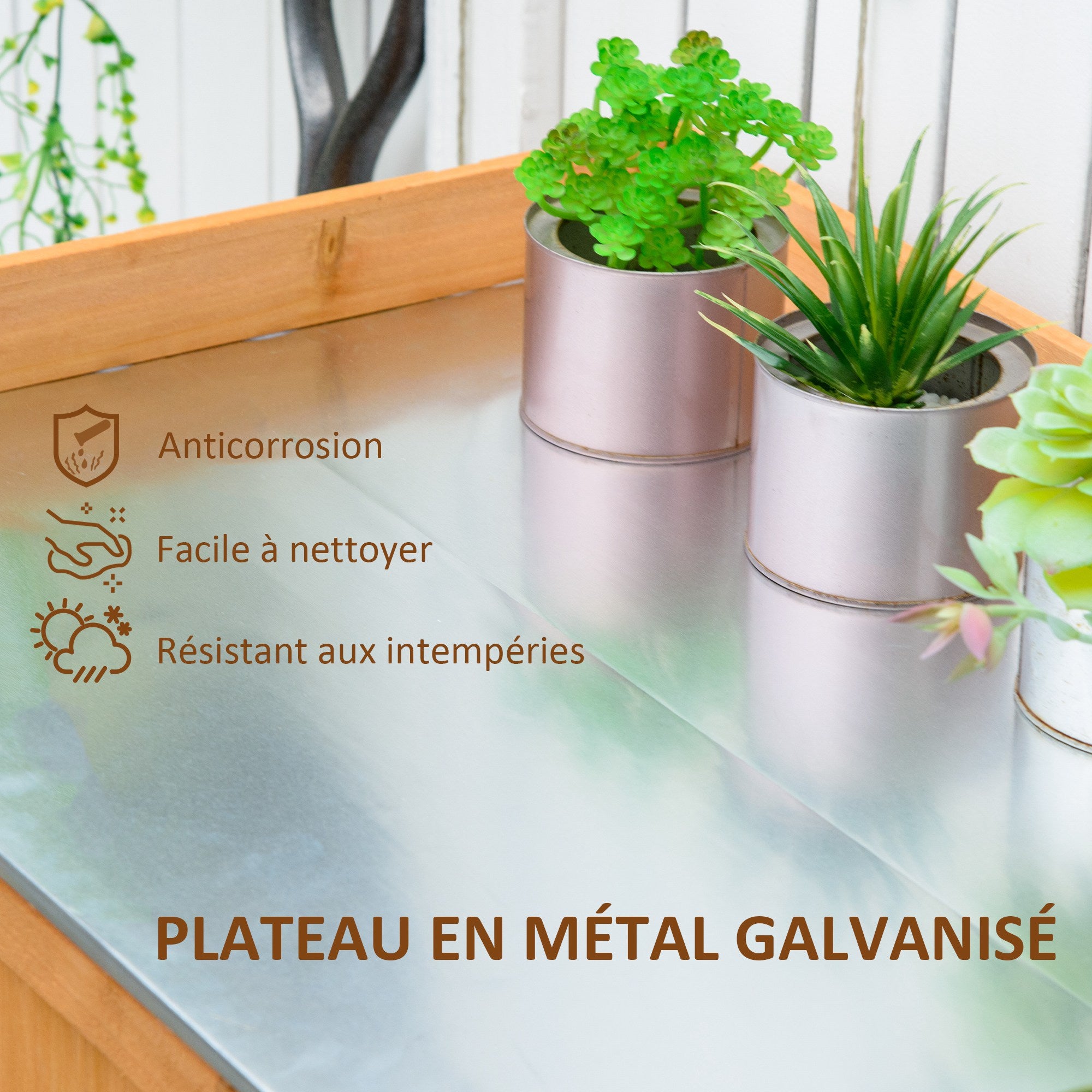 2-in-1 Garden Armoire on Stand Potting Table - double door gardening table, shelf, galvanized steel sheet top - pre-oiled cedar wood planting table