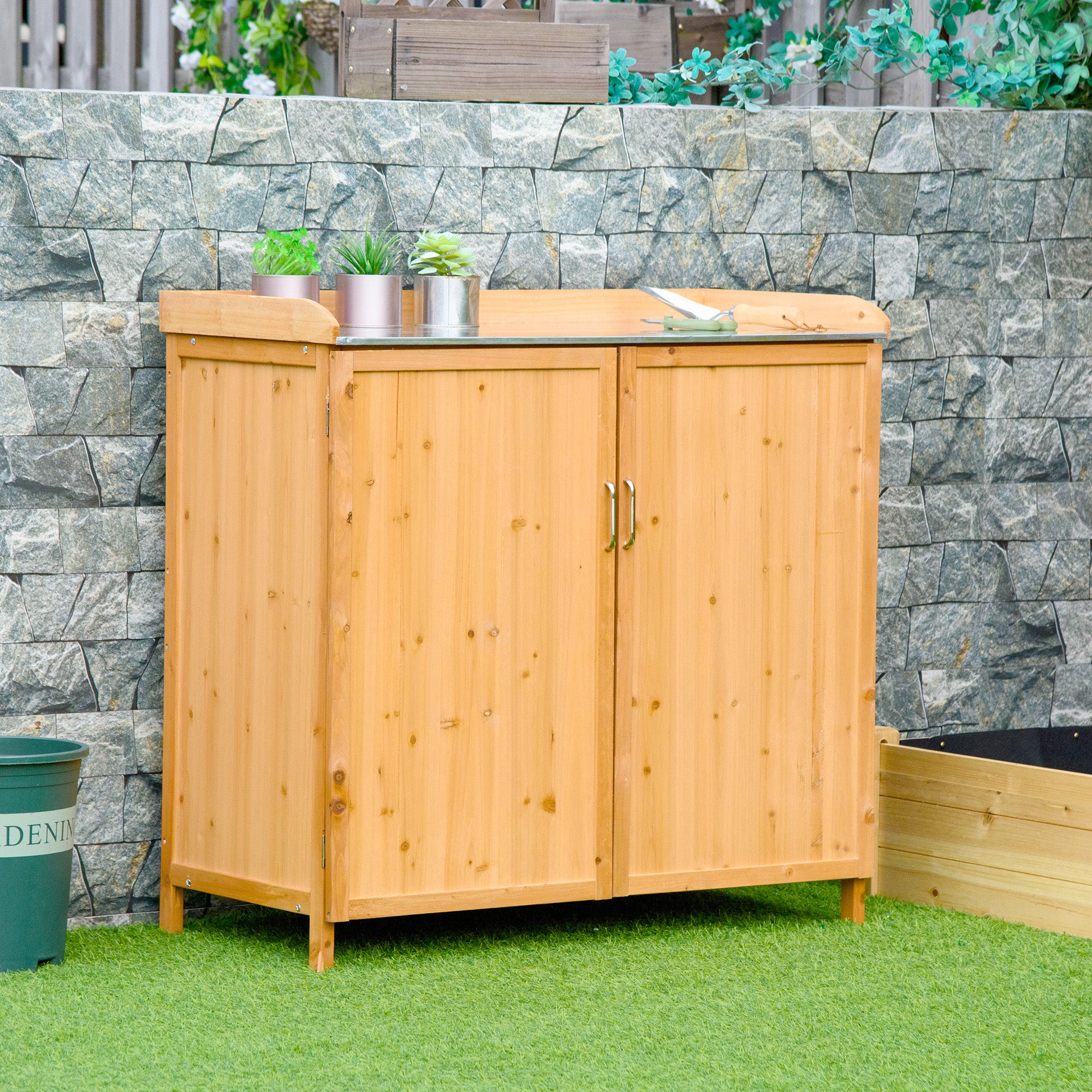 2-in-1 Garden Armoire on Stand Potting Table - double door gardening table, shelf, galvanized steel sheet top - pre-oiled cedar wood planting table
