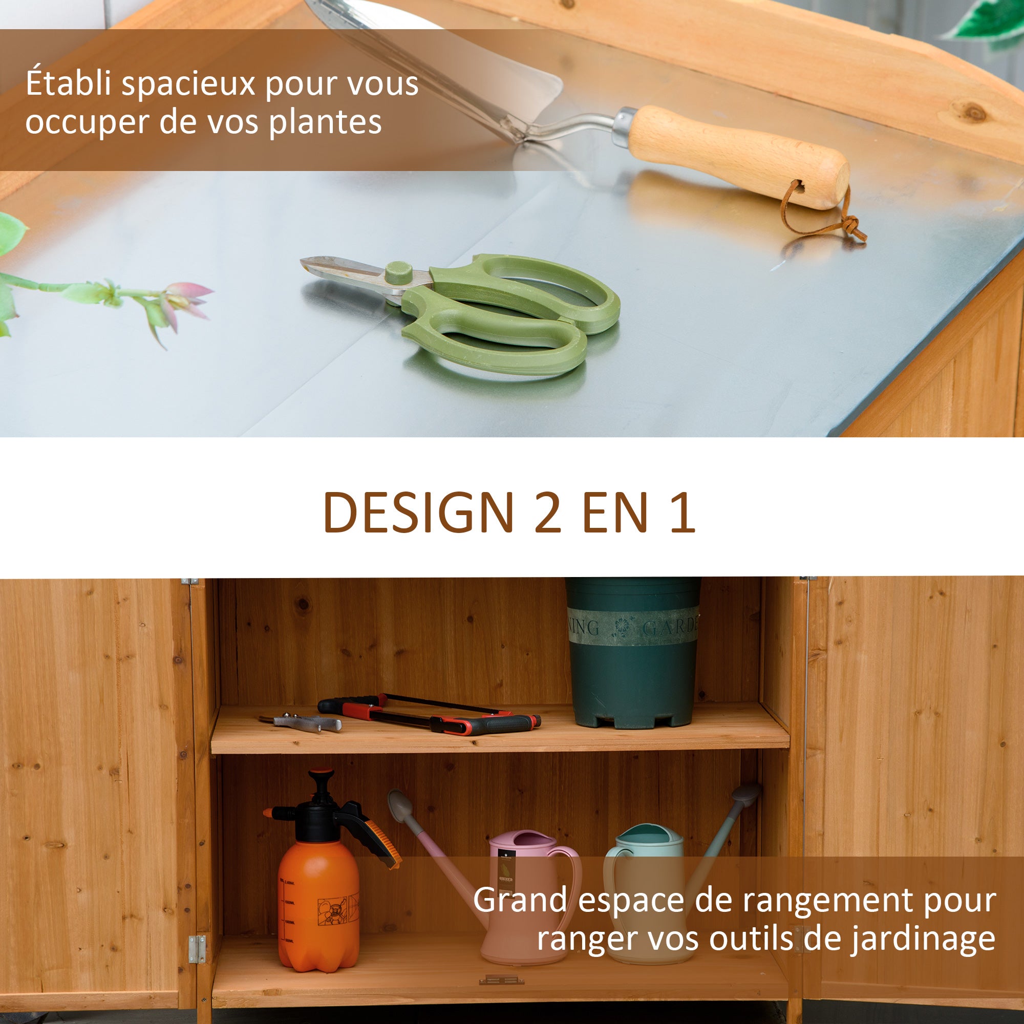 2-in-1 Garden Armoire on Stand Potting Table - double door gardening table, shelf, galvanized steel sheet top - pre-oiled cedar wood planting table