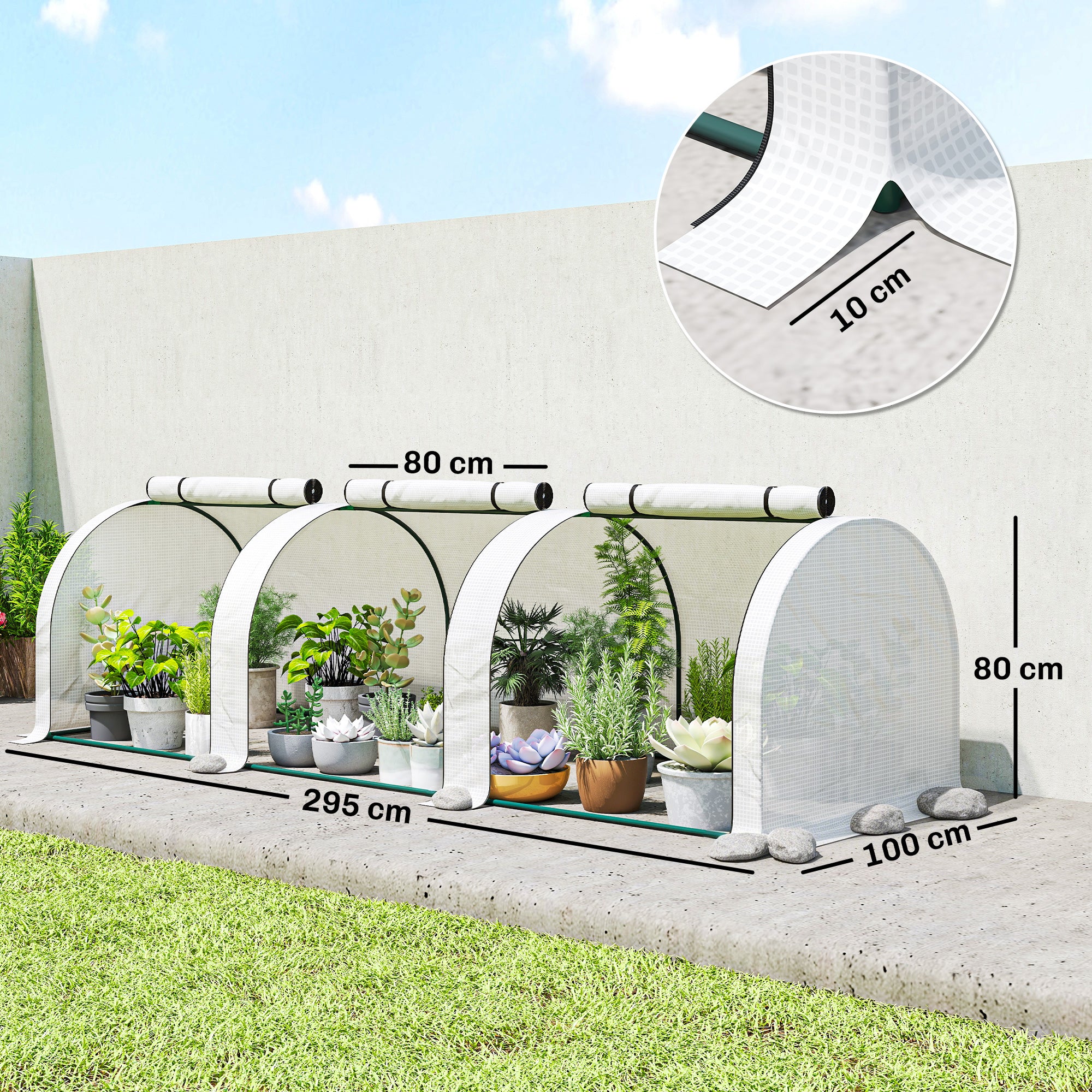 Mini Garden Greenhouse Tunnel for Tomatoes 3 x 1 x 0.8 m, Powder-Coated Steel Frame, High-Density 140 g/m² PE, UV-Resistant, 3 Roll-Up Zip Doors (White)