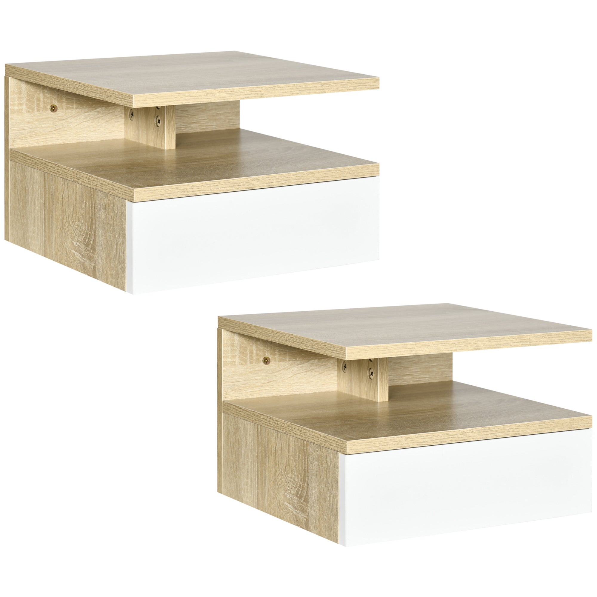 Set of 2 Floating Bedside Tables Wall-Mounted Nightstands with 1 Drawer and Open Shelf for Bedroom 35x32x22.5 cm Oak and White