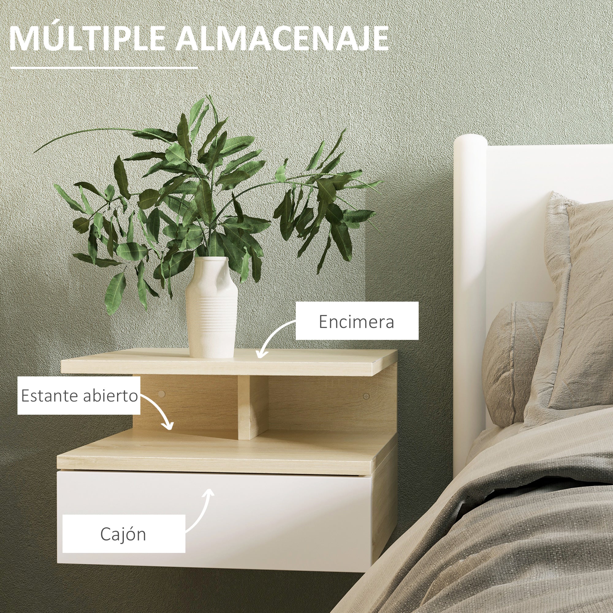 Set of 2 Floating Bedside Tables Wall-Mounted Nightstands with 1 Drawer and Open Shelf for Bedroom 35x32x22.5 cm Oak and White