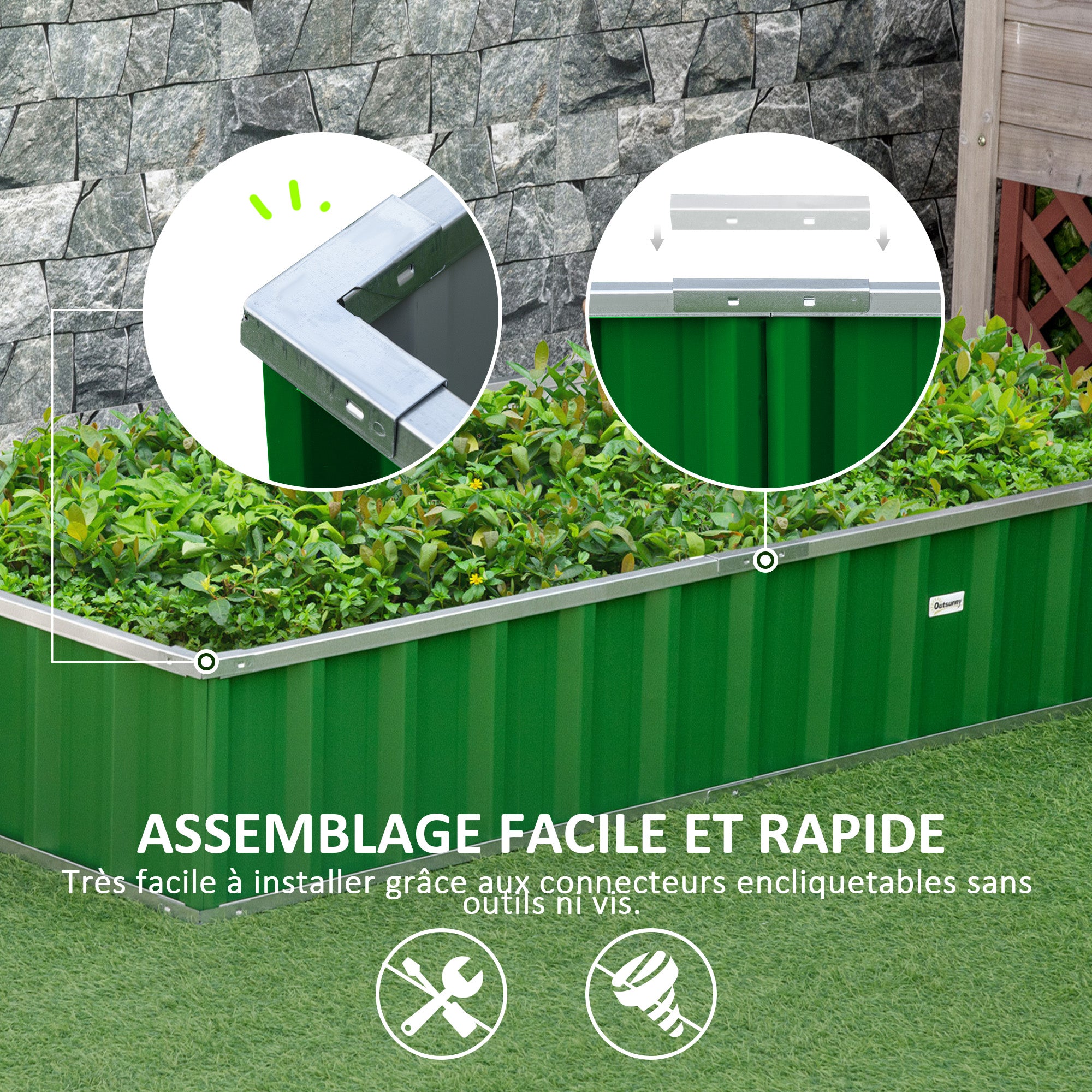 Garden Square Planter 174 x 90 x 30 cm - modular, Tool-Free Assembly, Gloves Included - corrugated steel Green