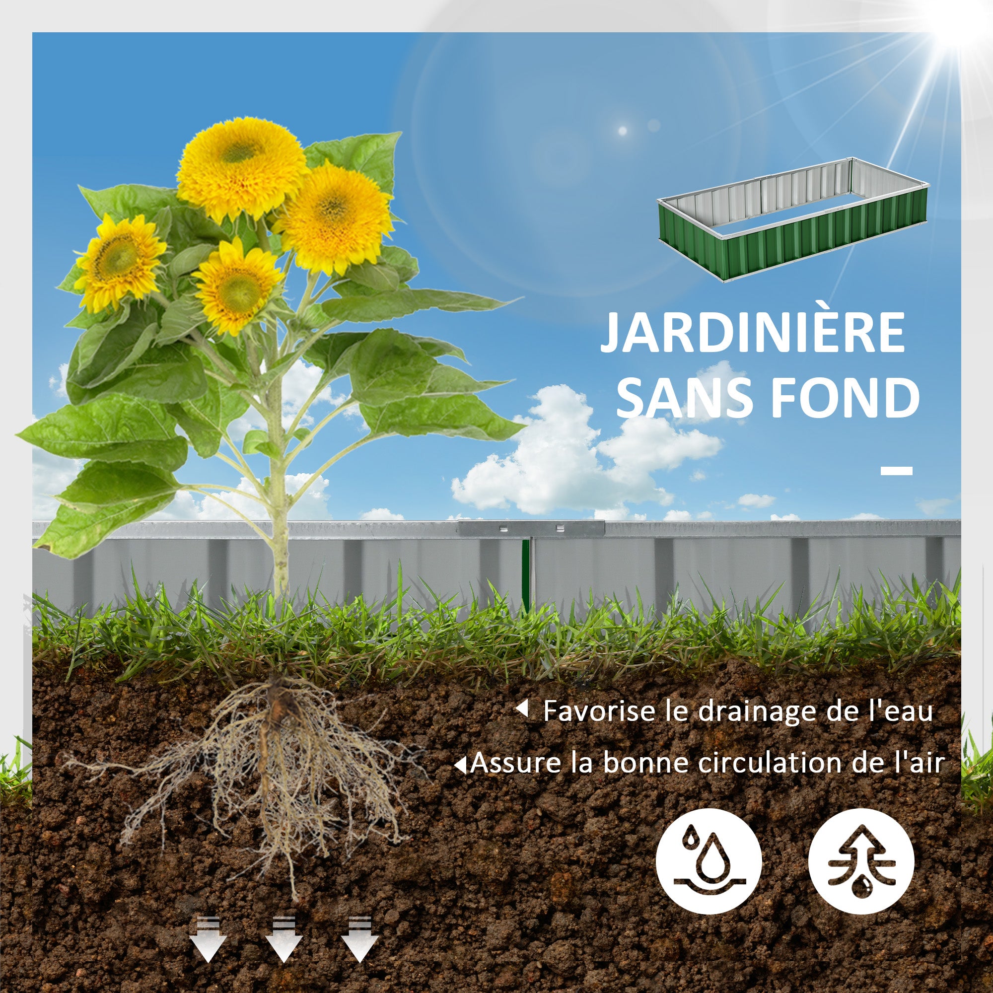 Garden Square Planter 174 x 90 x 30 cm - modular, Tool-Free Assembly, Gloves Included - corrugated steel Green