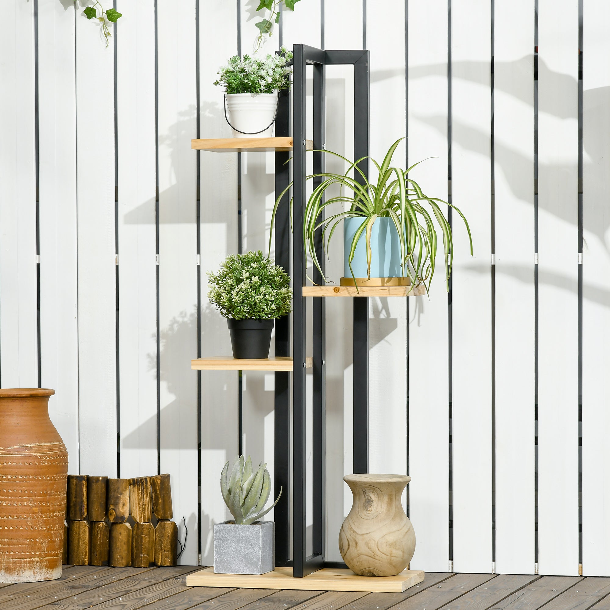 4-Tier Plant Stand, 110 cm High Flower Stand for Indoor Outdoor, Wooden Plant Shelf, Multi-layer Flower Rack, Flower Stand for Garden Balcony, Black+Natural Wood