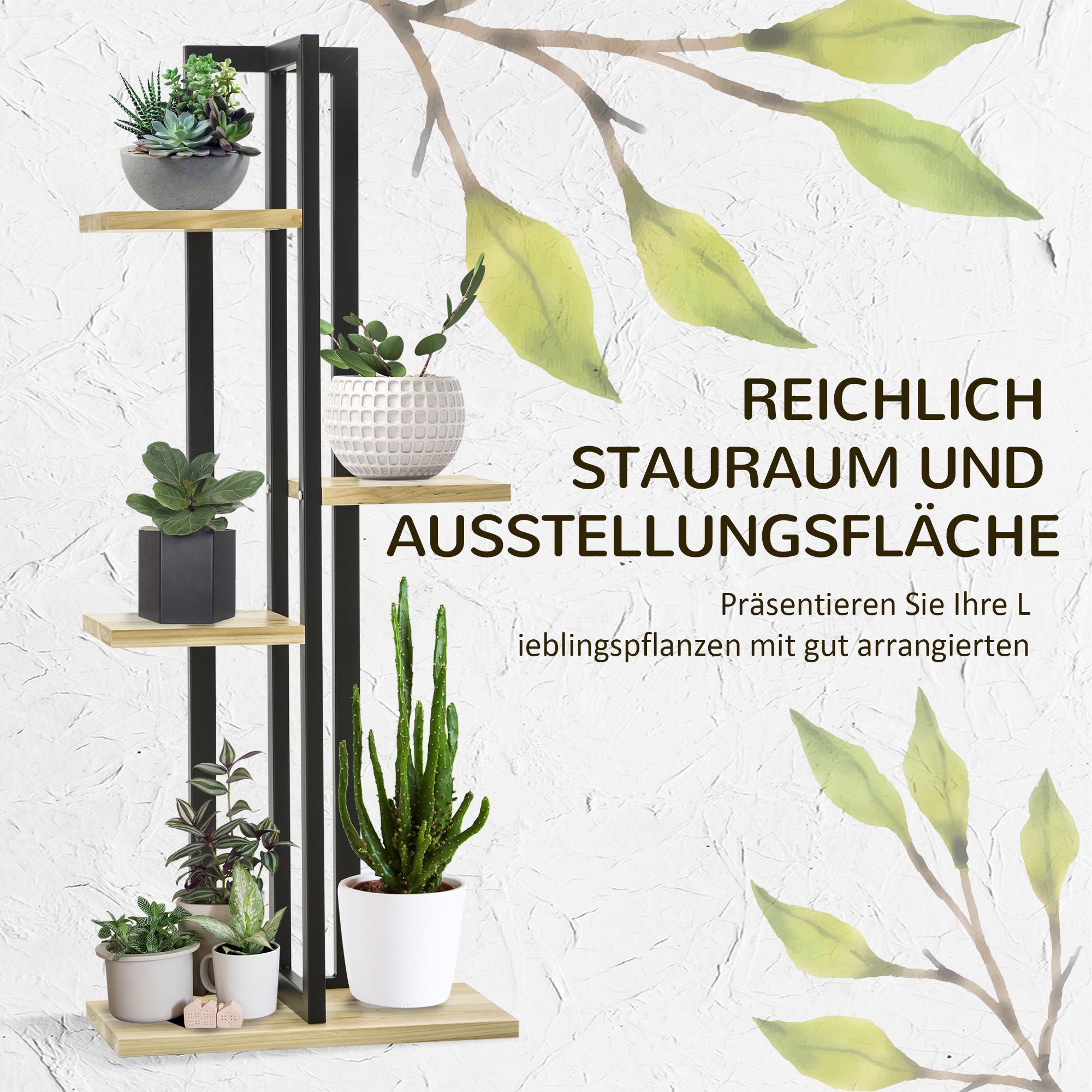 4-Tier Plant Stand, 110 cm High Flower Stand for Indoor Outdoor, Wooden Plant Shelf, Multi-layer Flower Rack, Flower Stand for Garden Balcony, Black+Natural Wood